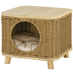 Elevated Design Wicker Cat House With Washable Cushion, Light Brown