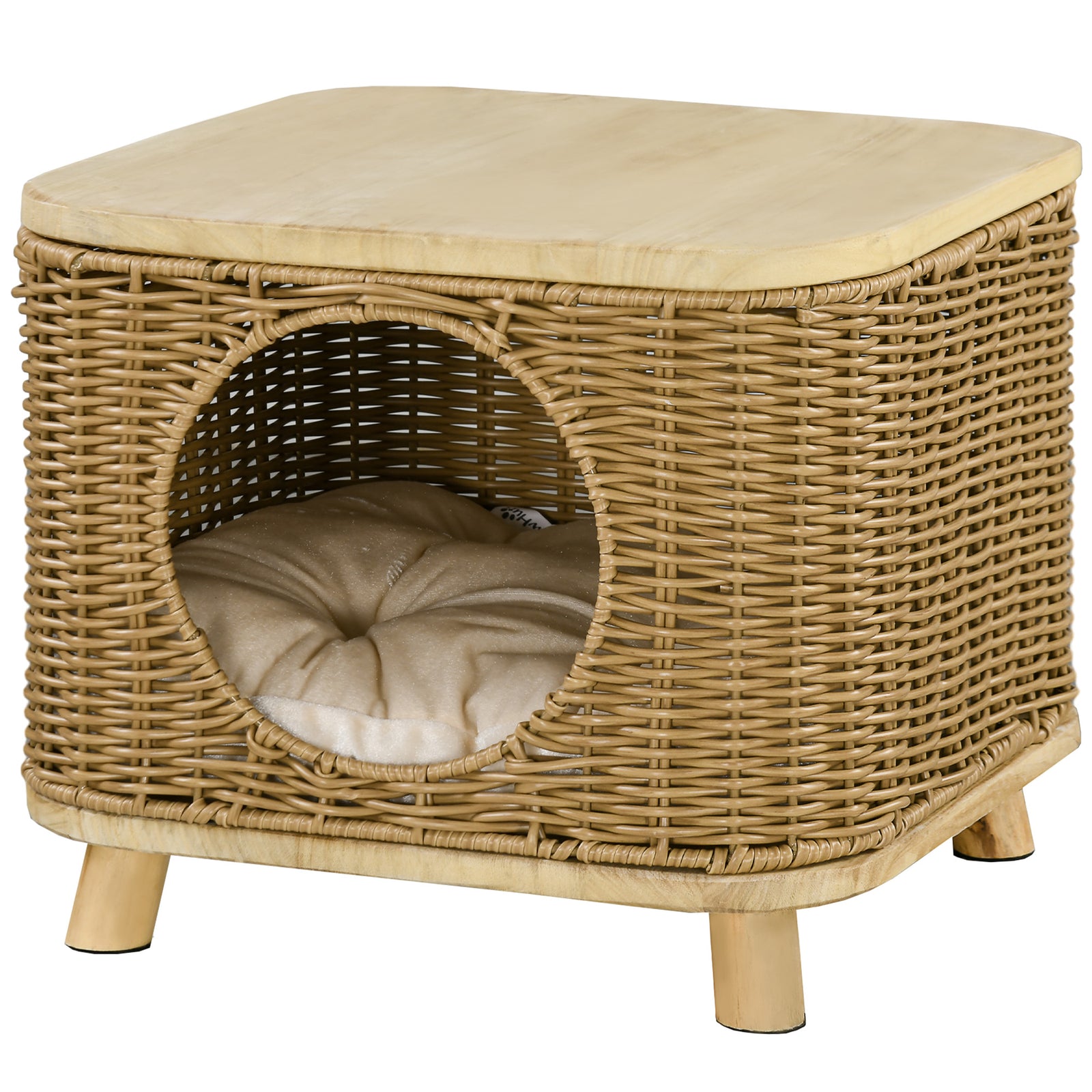 Elevated Design Wicker Cat House With Washable Cushion, Light Brown