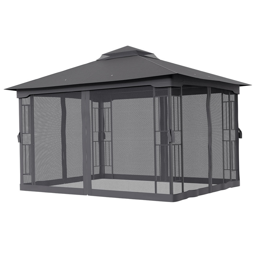 395cm X 295cm Outdoor Garden Gazebo With Ventilated Roof And Mesh Curtains,steel Frame Patio Shelter & Pa-coated Polyester Canopy For Backyard And Parties