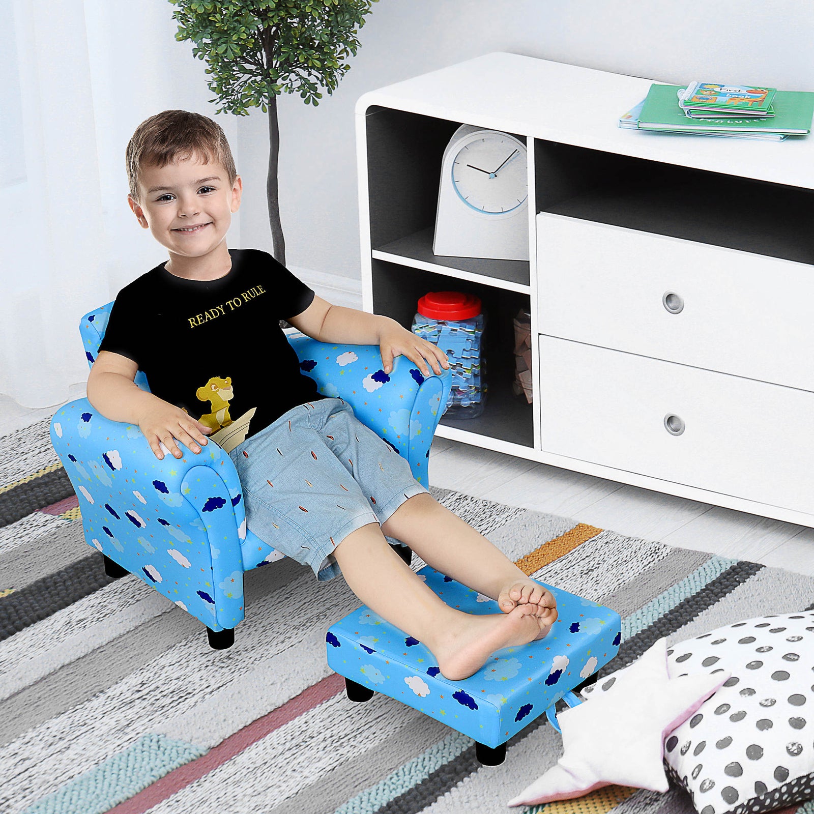 Cute Cloud Star Child Armchair Seat Wood Frame W/ Footrest Padding | Blue