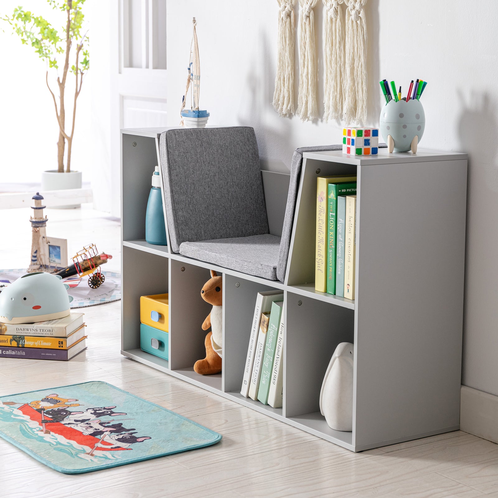 Kids Cabinet W/ Six Compartments For Toys, Clothes, Books - Grey