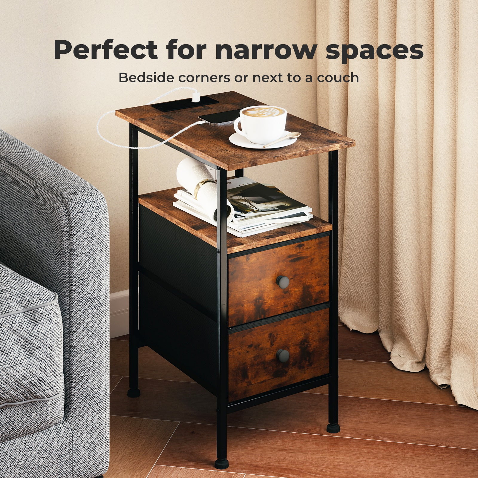 Bedside Table Side Cabinet Storage Nightstand Charging Station 2 Drawers | Brown
