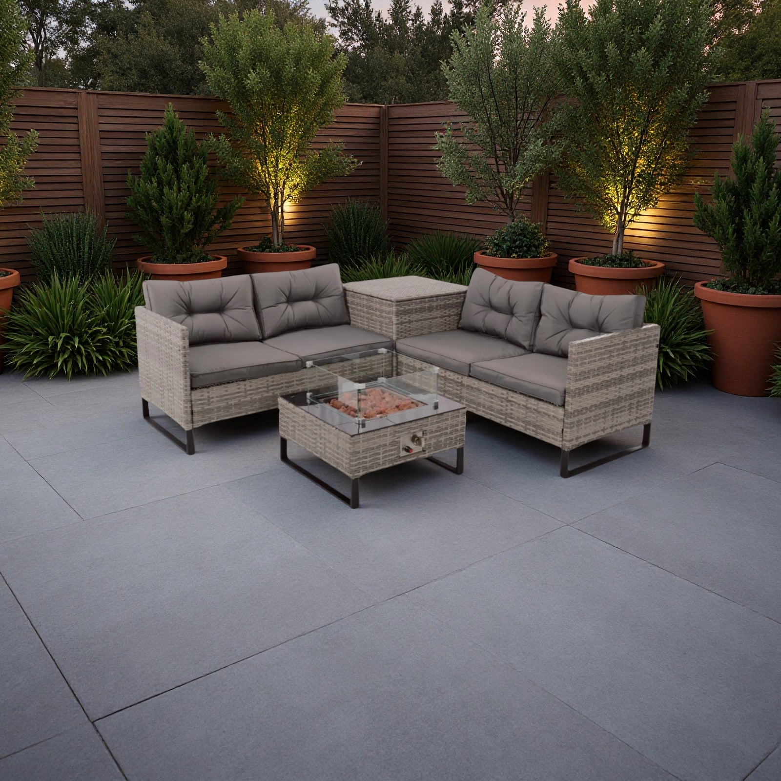 Palma Rattan Corner Fire Pit 4 Seater - Grey