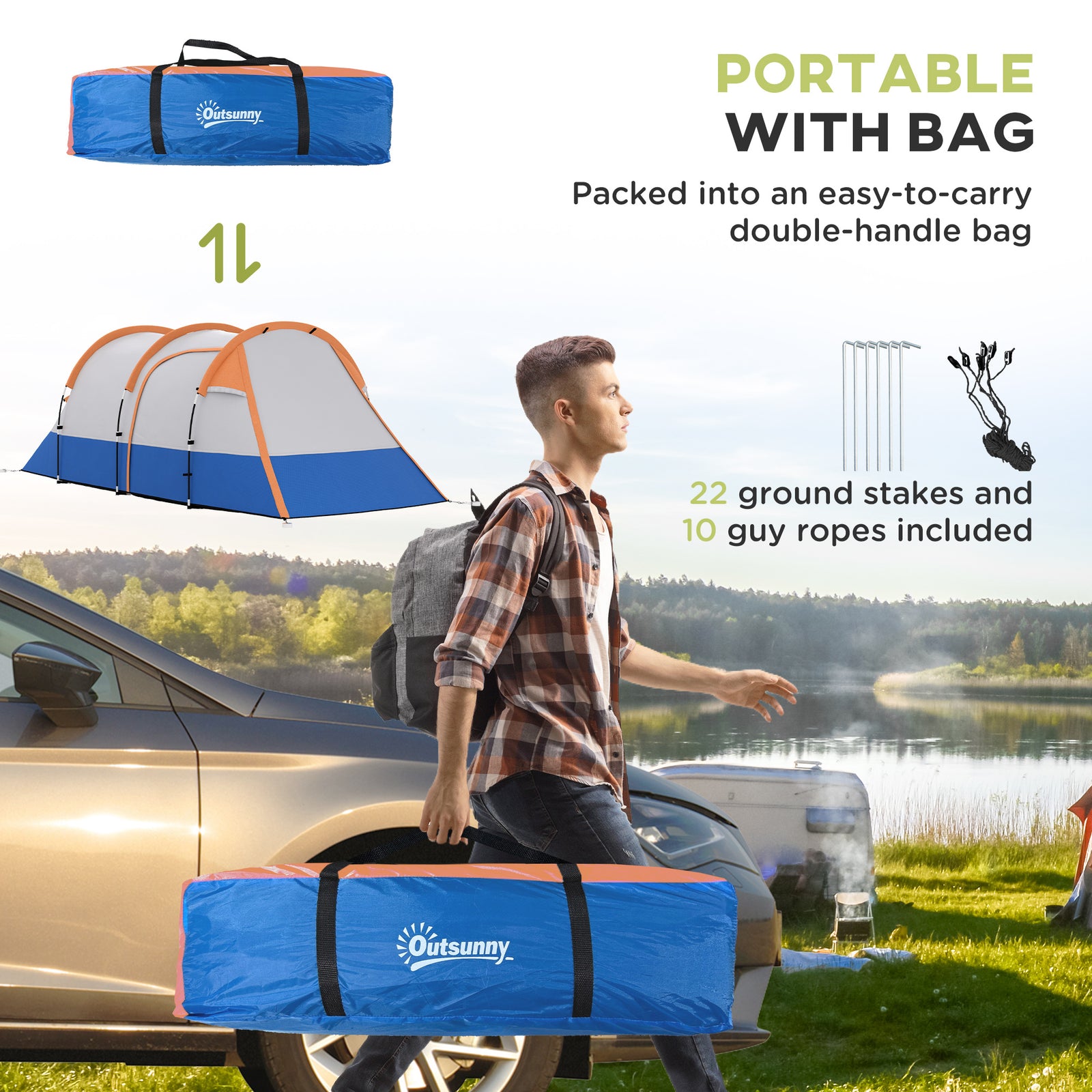 2-3 Man Camping Tunnel Tent With Bedroom And Living Room | Orange