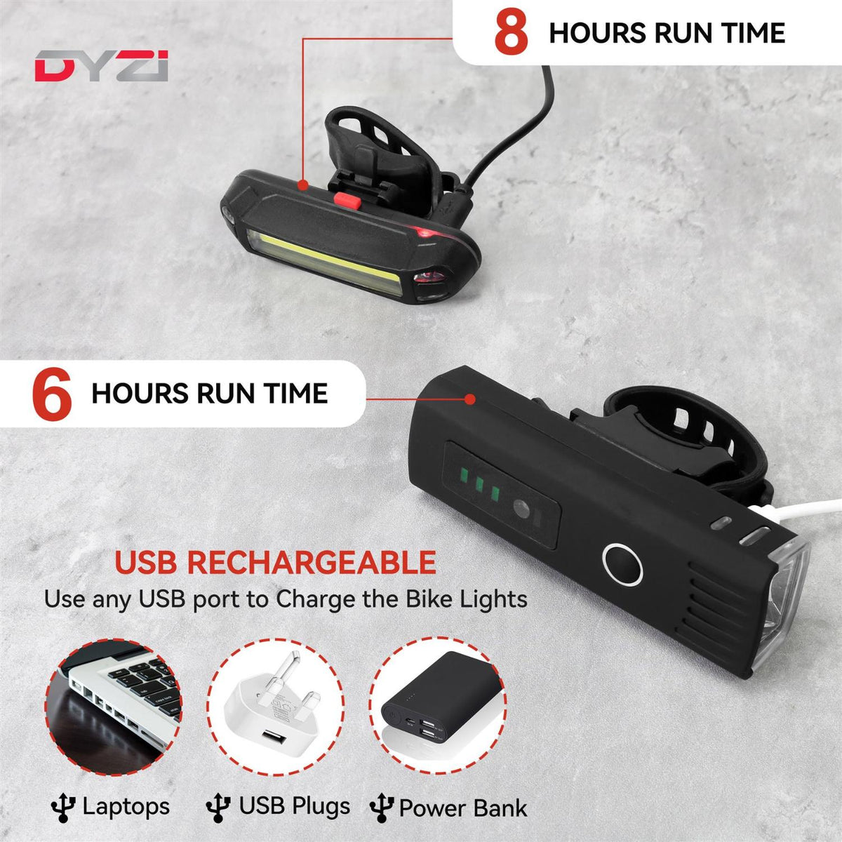 Dyzi Bike Bicycle Light Set Usb Rechargeable 4 Modes Daylight Sensor