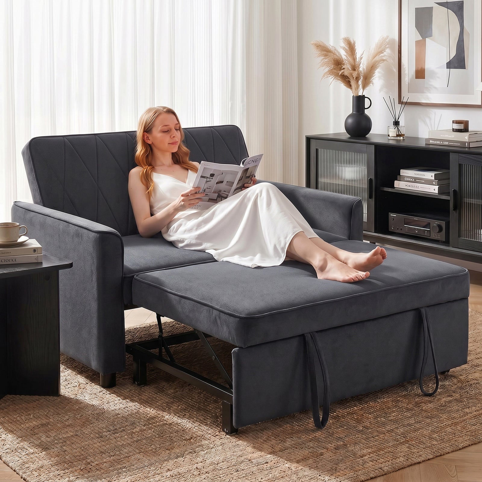 2 Seater Sofa Bed, 3-in-1 Velvet Pull Out Sleeper Sofa | Dark Grey