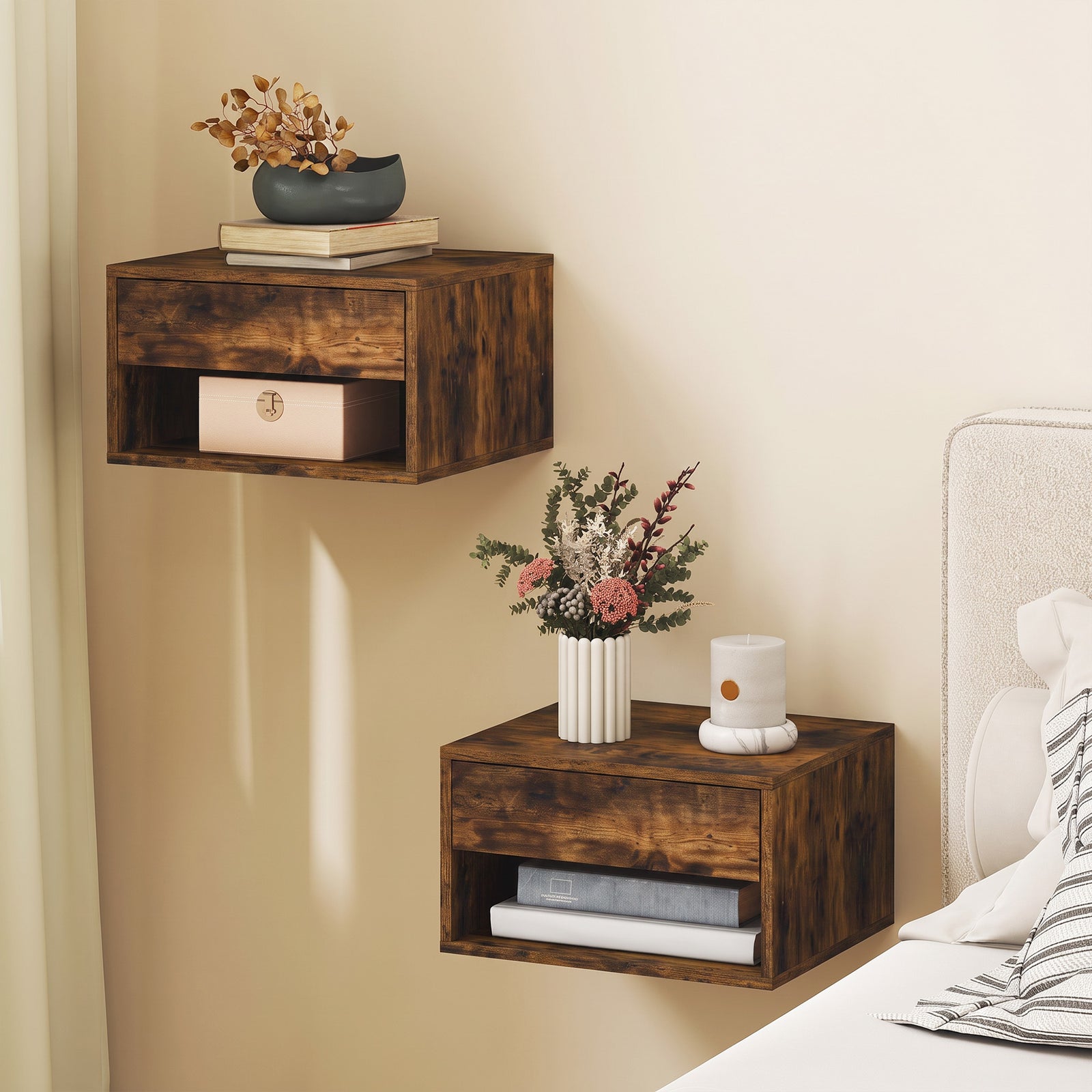 HOMCOM Floating Nightstands Set Of 2, Bedside Table W/ Drawer And Open Shelf