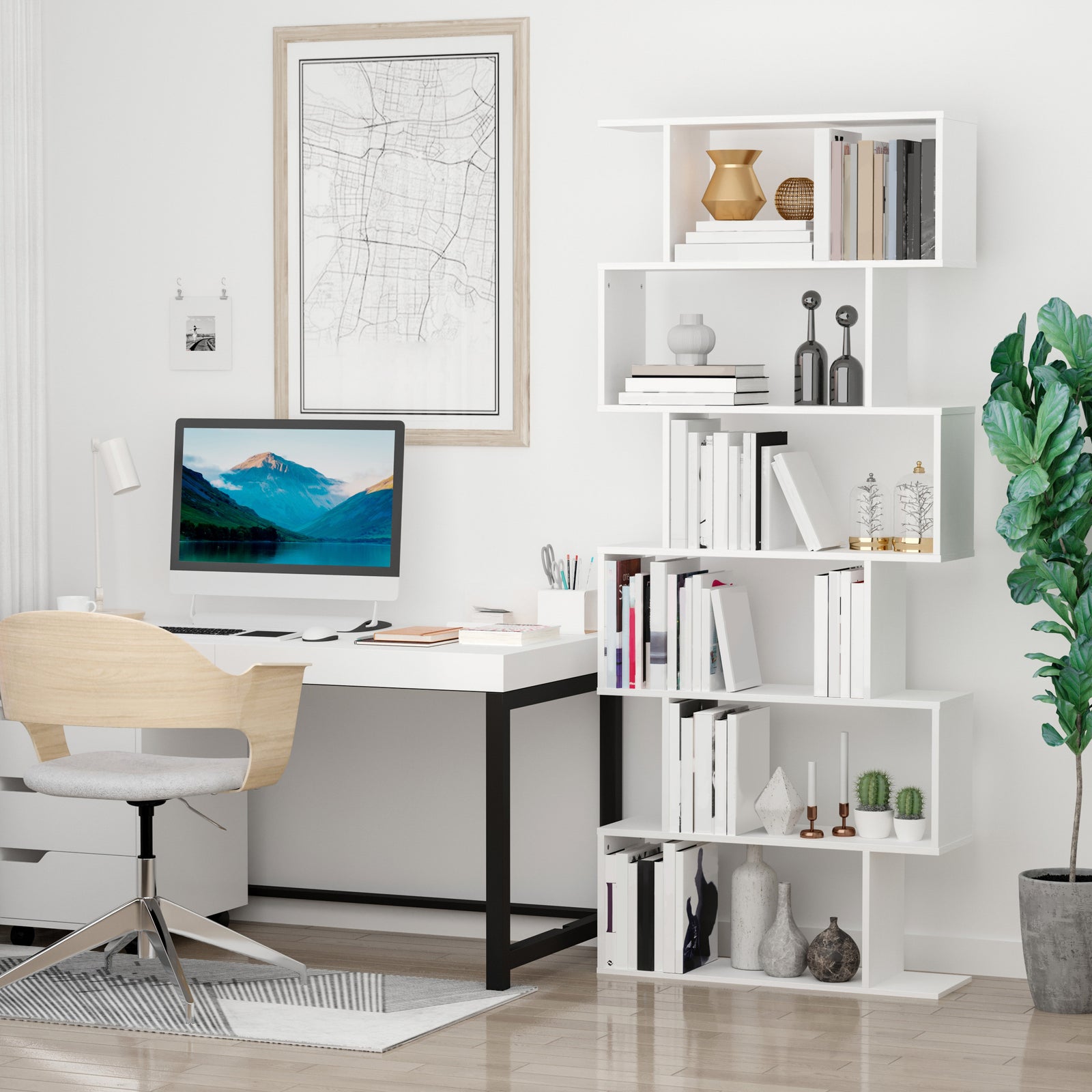 Storage Bookcase 6 Shelves Wood Bookshelf S Shape | One Size | White