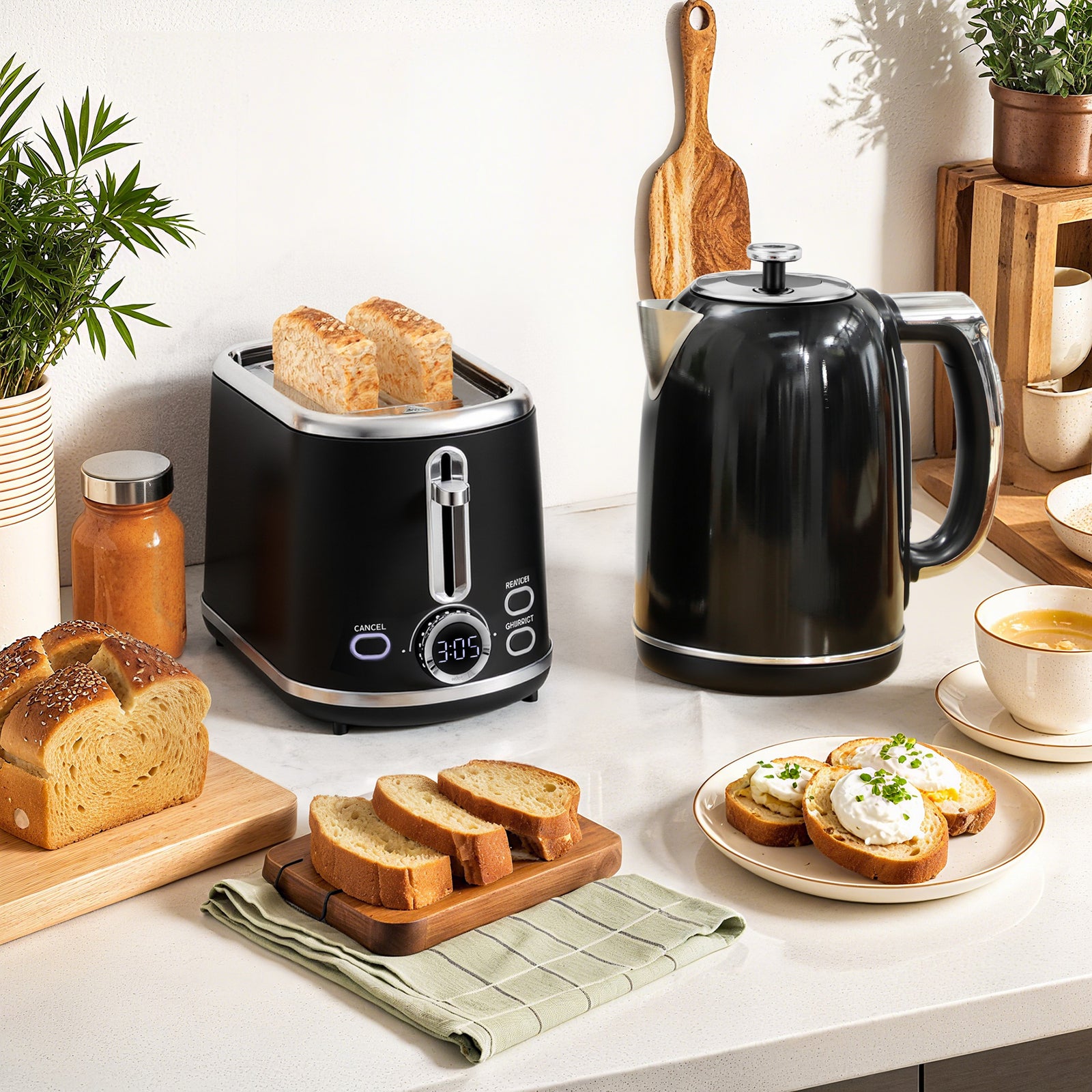 1.7l 3000w Kettle And 2 Slice Toaster With Keep Warm Memory Function | Black