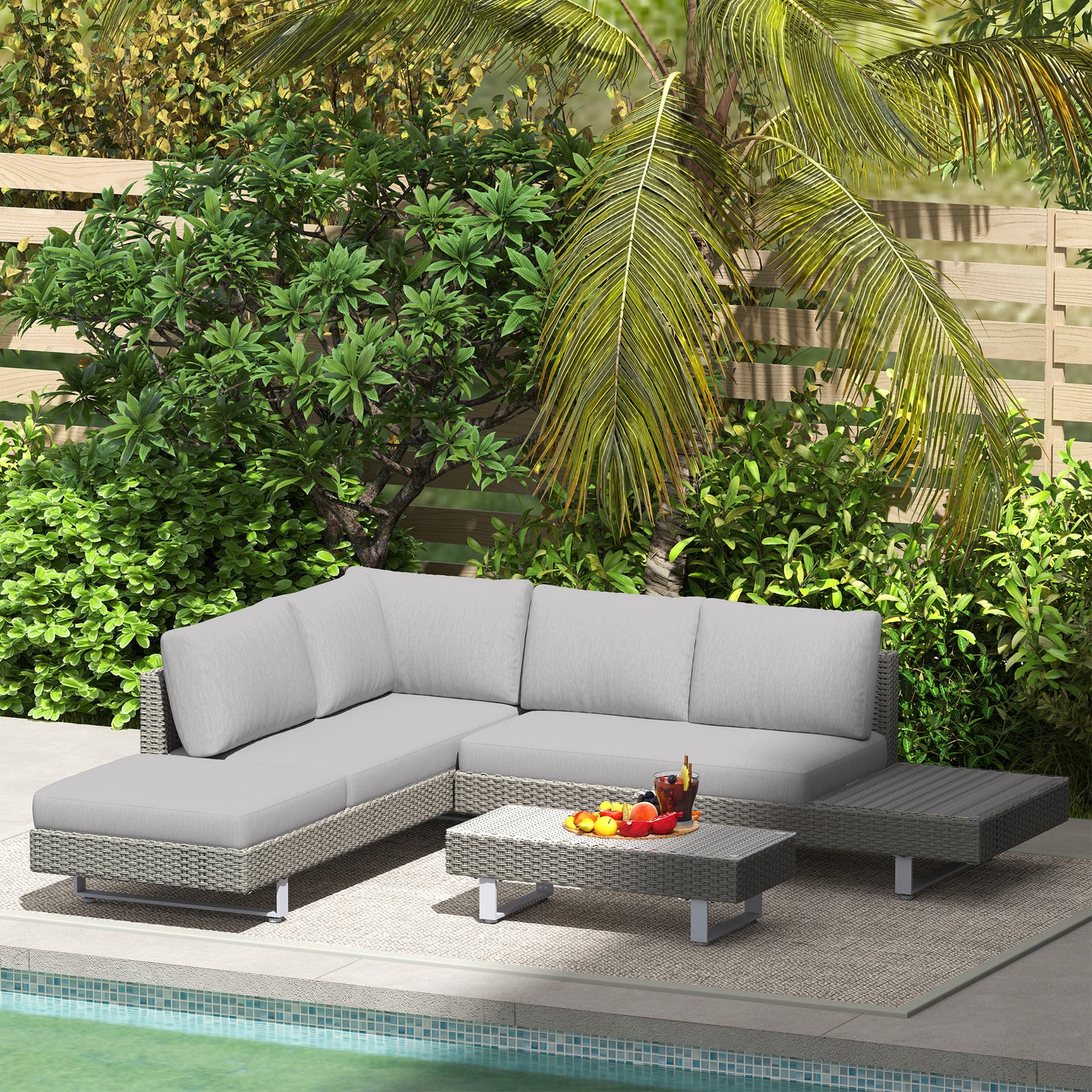 3pc Rattan Wicker Sofa Set With Tea Table & Cushions