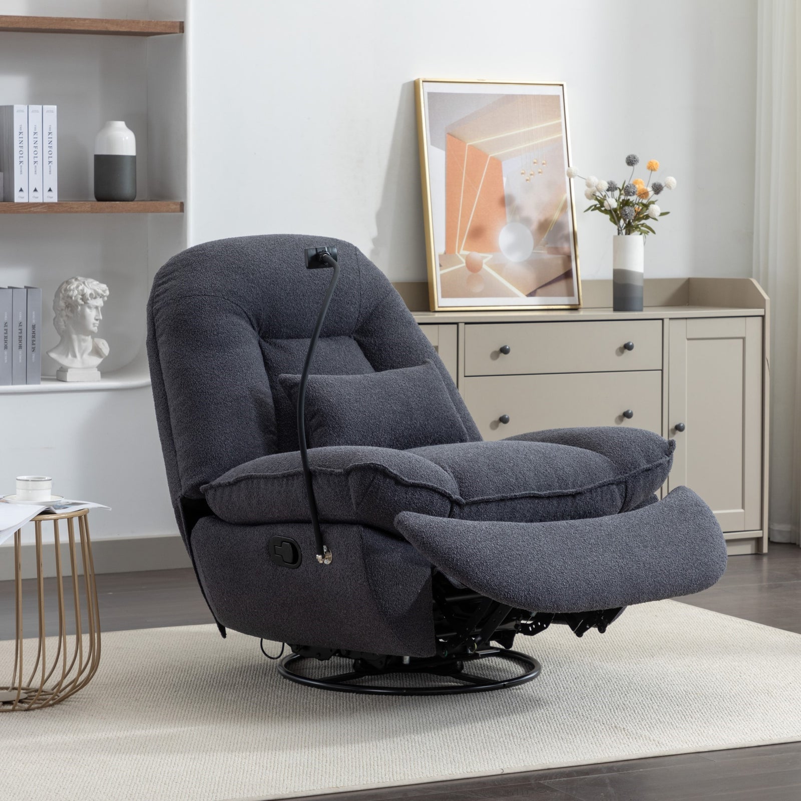 Fallon Boucle Fabric Swivel Based Recliner Chair Phone Holder | Dark Grey