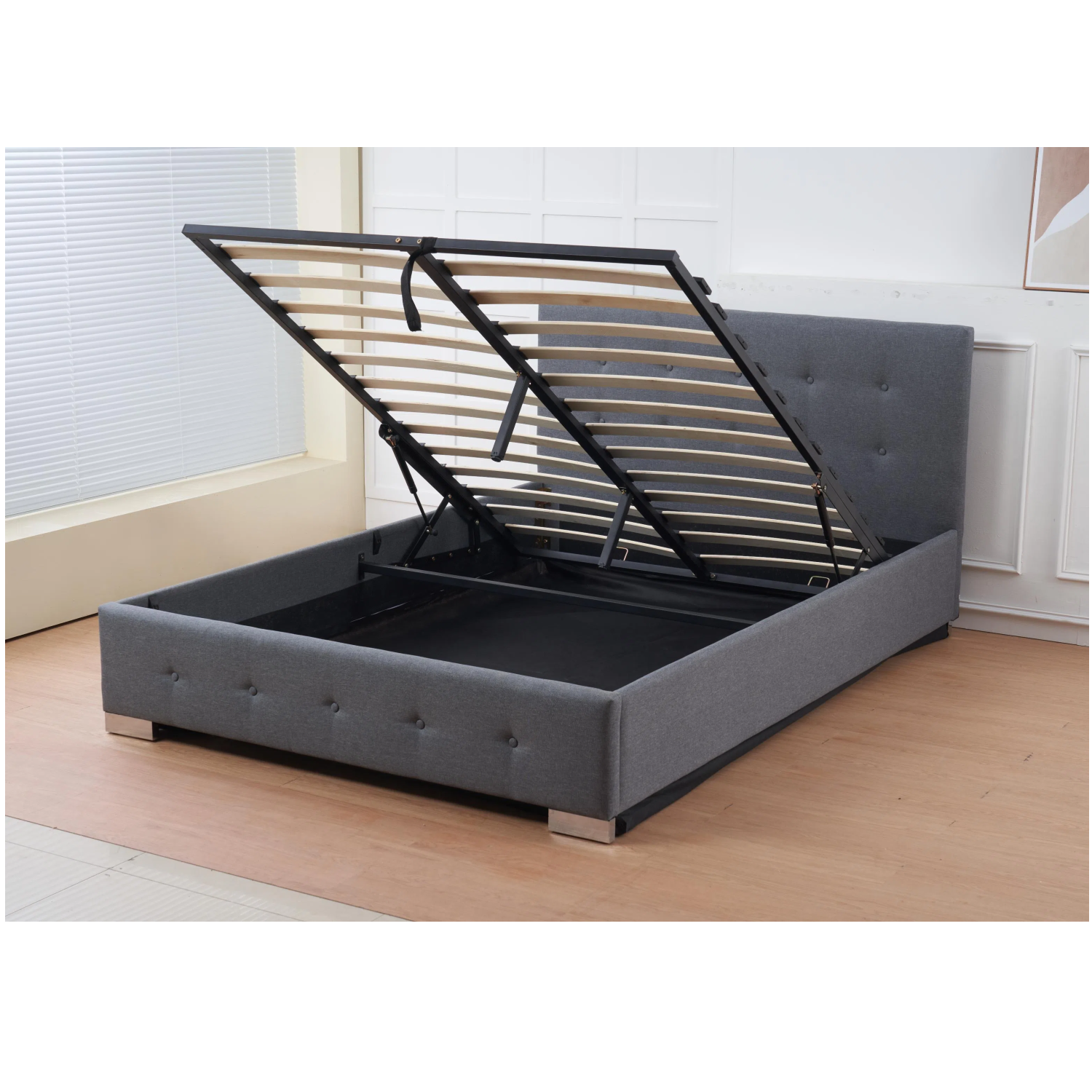 The Oslo Grey Linen Tufted Ottoman Bed Frame | Double | Grey