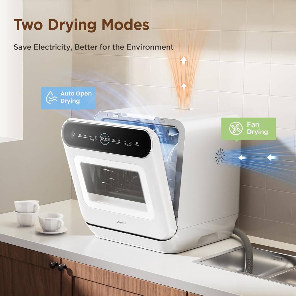 Compact 6-Program Dishwasher with 4-in-1 Function, Delay Start, Fan Drying, and 72°C Hygiene Wash, White