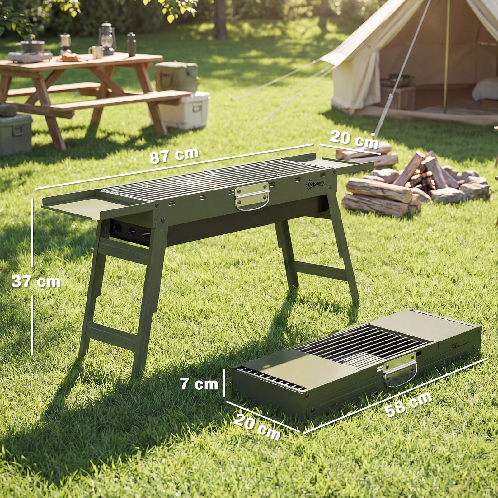 Bbq Grill, Charcoal Barbecue With 2 Side Shelves And Handle | Green