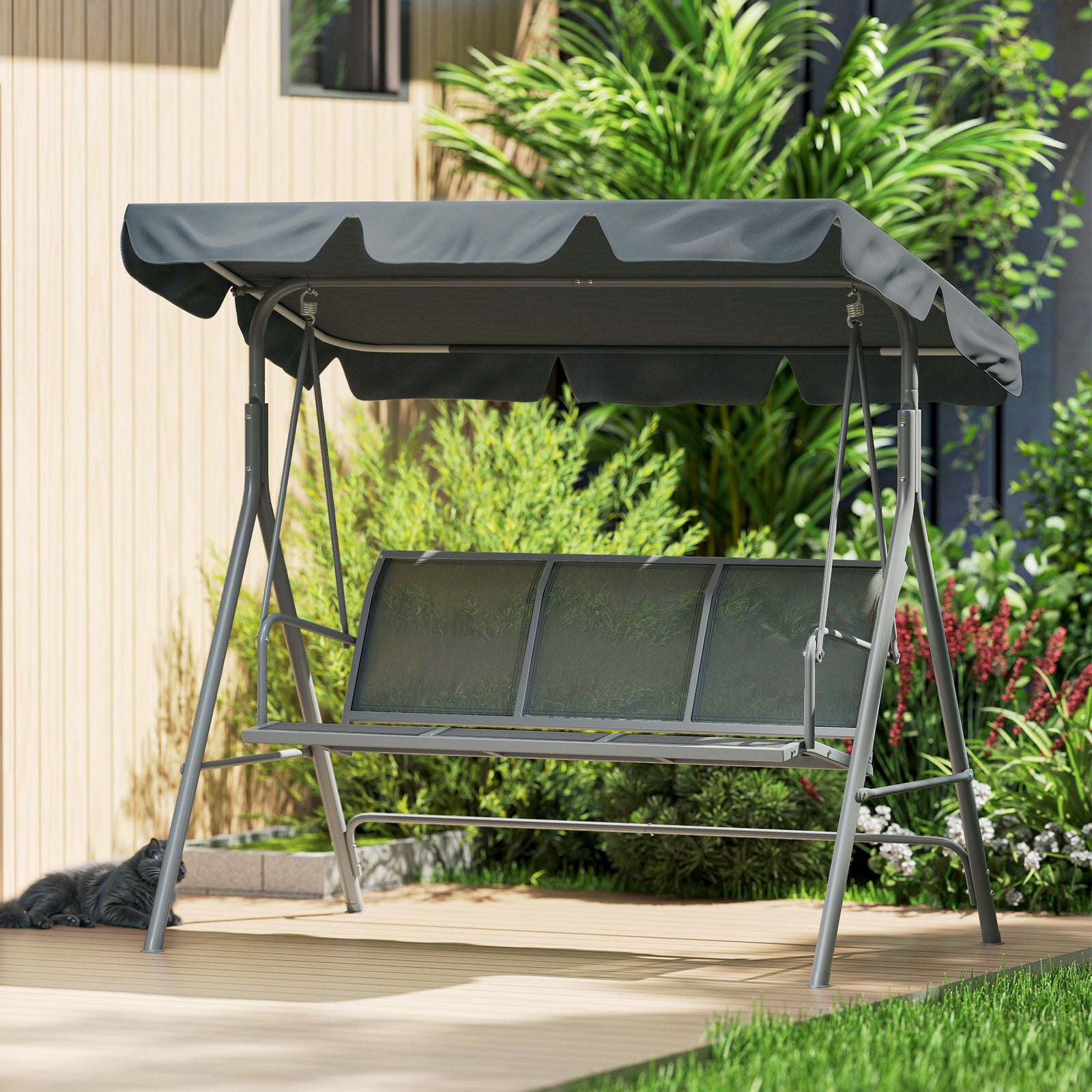 3 Seater Metal Swing Chair Patio Bench With Canopy Dark Grey