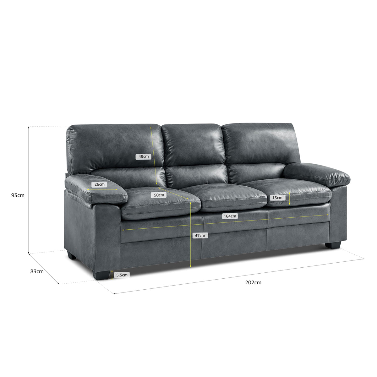 Oxford Faux Leather Sofa 3 Seater | Dark Grey