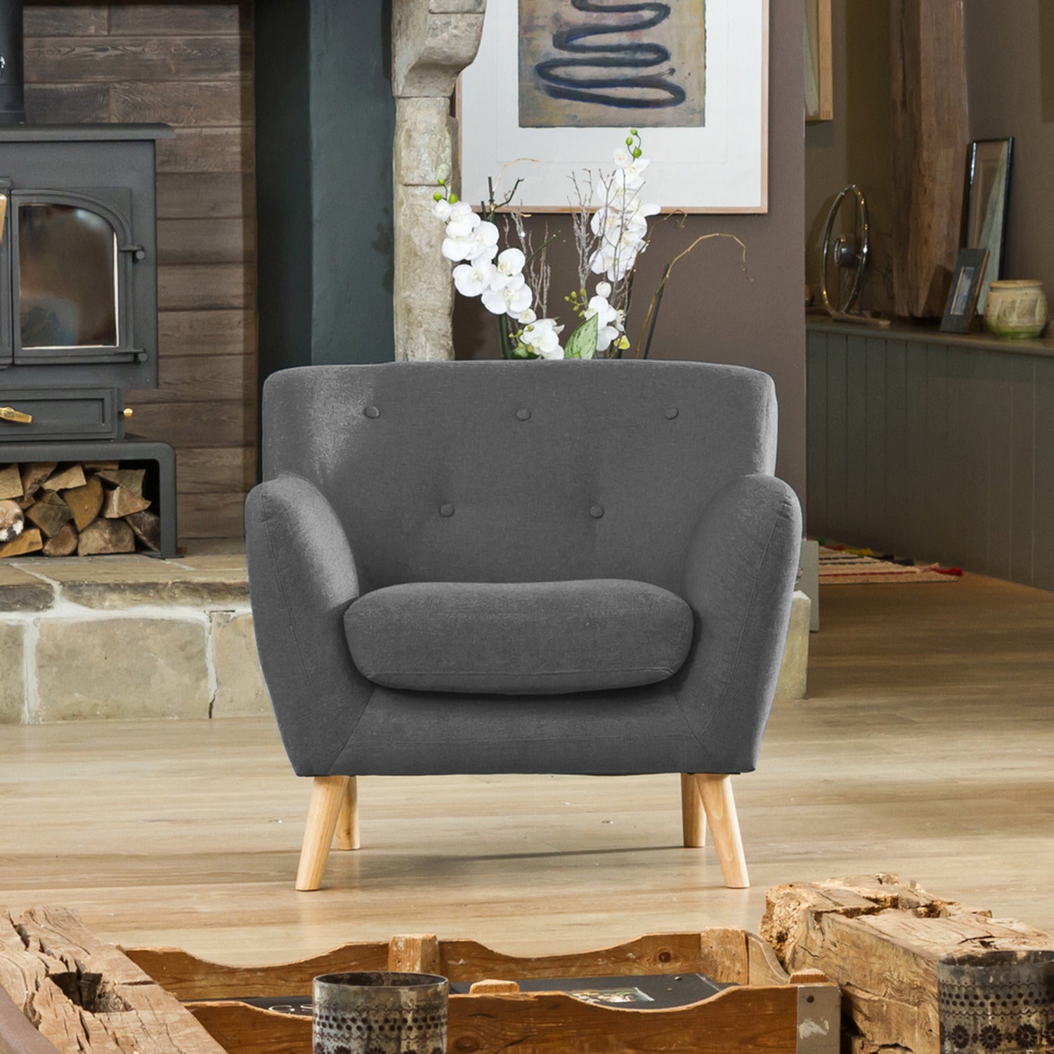 Lynwood 86cm Wide Scandi Style Hessian Fabric Armchair | 1 | Dark Gray