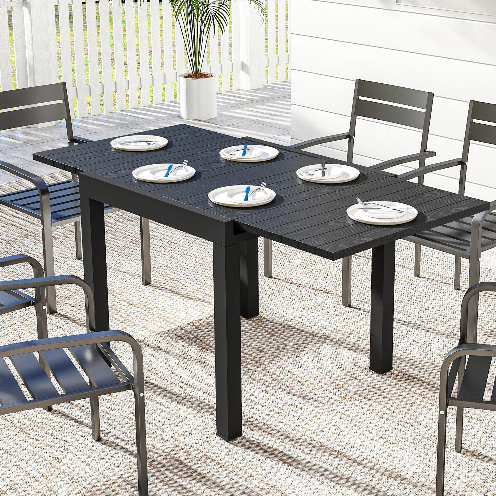 Outsunny Aluminium Extending Garden Table With Faux Wood Slatted Top, Black