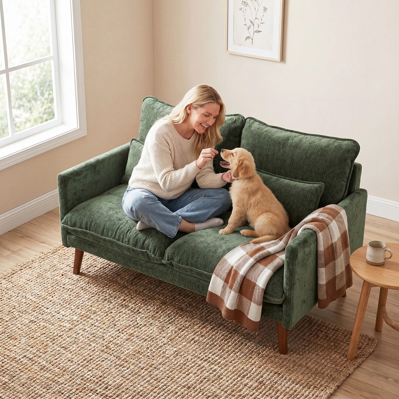 2 Seater Sofa, Modern Loveseat With Spring Cushions, Wide Seat | Green