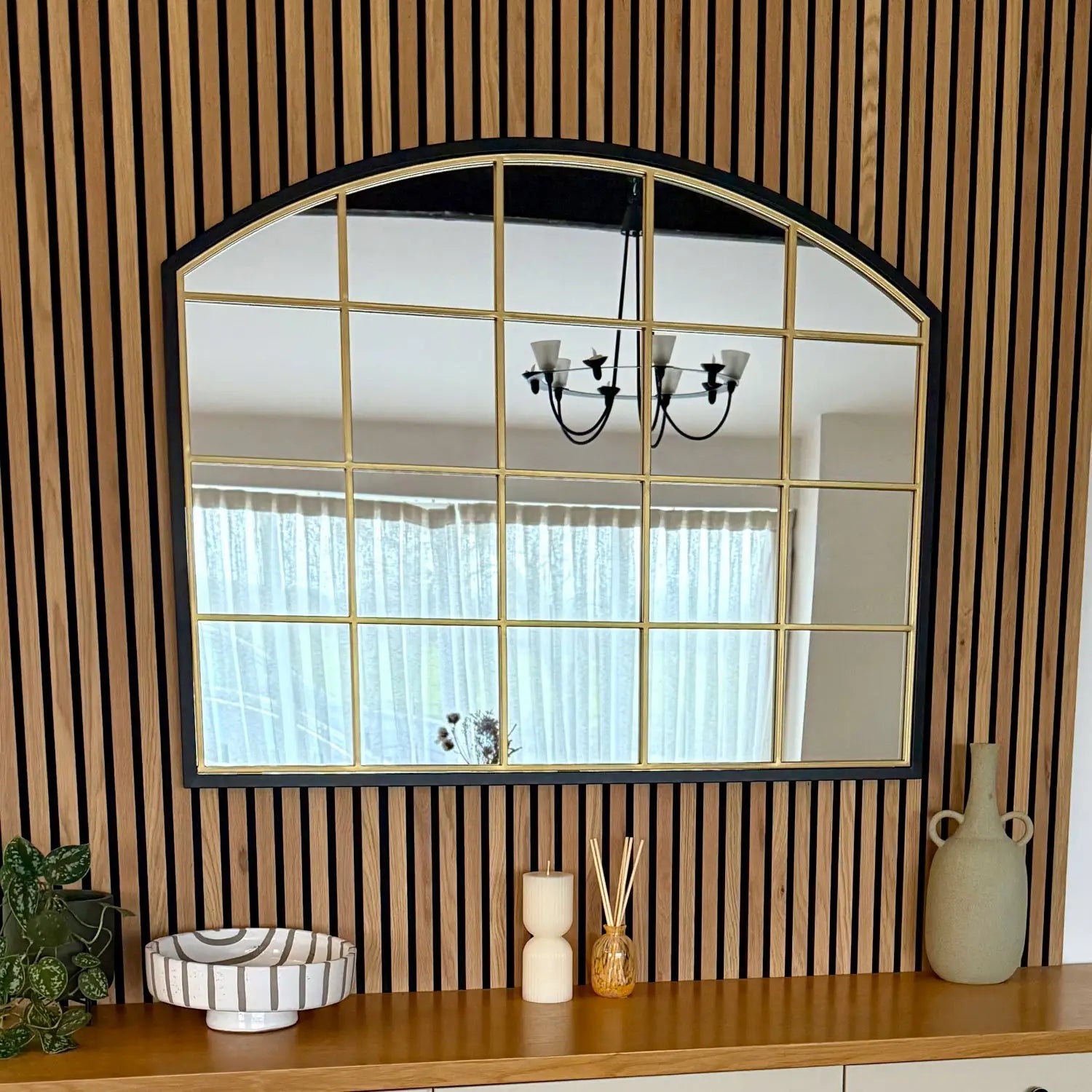 Tomi - Metal Arched Lattice Window Mirror | 95cm x 120cm | Black & Gold