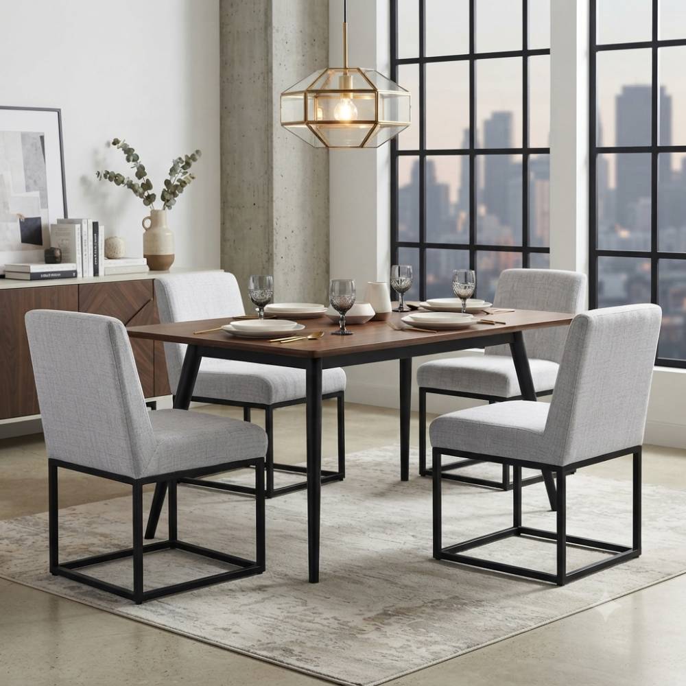 Set Of 2 Chenille Upholstered Dining Chairs With Black Metal Legs | Light Grey