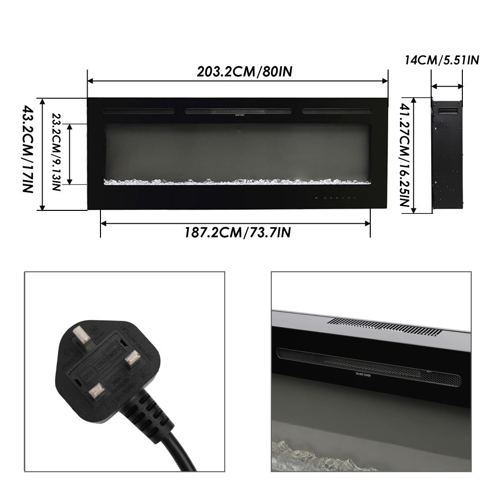 70/80-inch Black Electric Fireplace Heater, Wall Mounted Or Recessed With 12 Flame Colors, Adjustable Brightness & Remote Control | Large