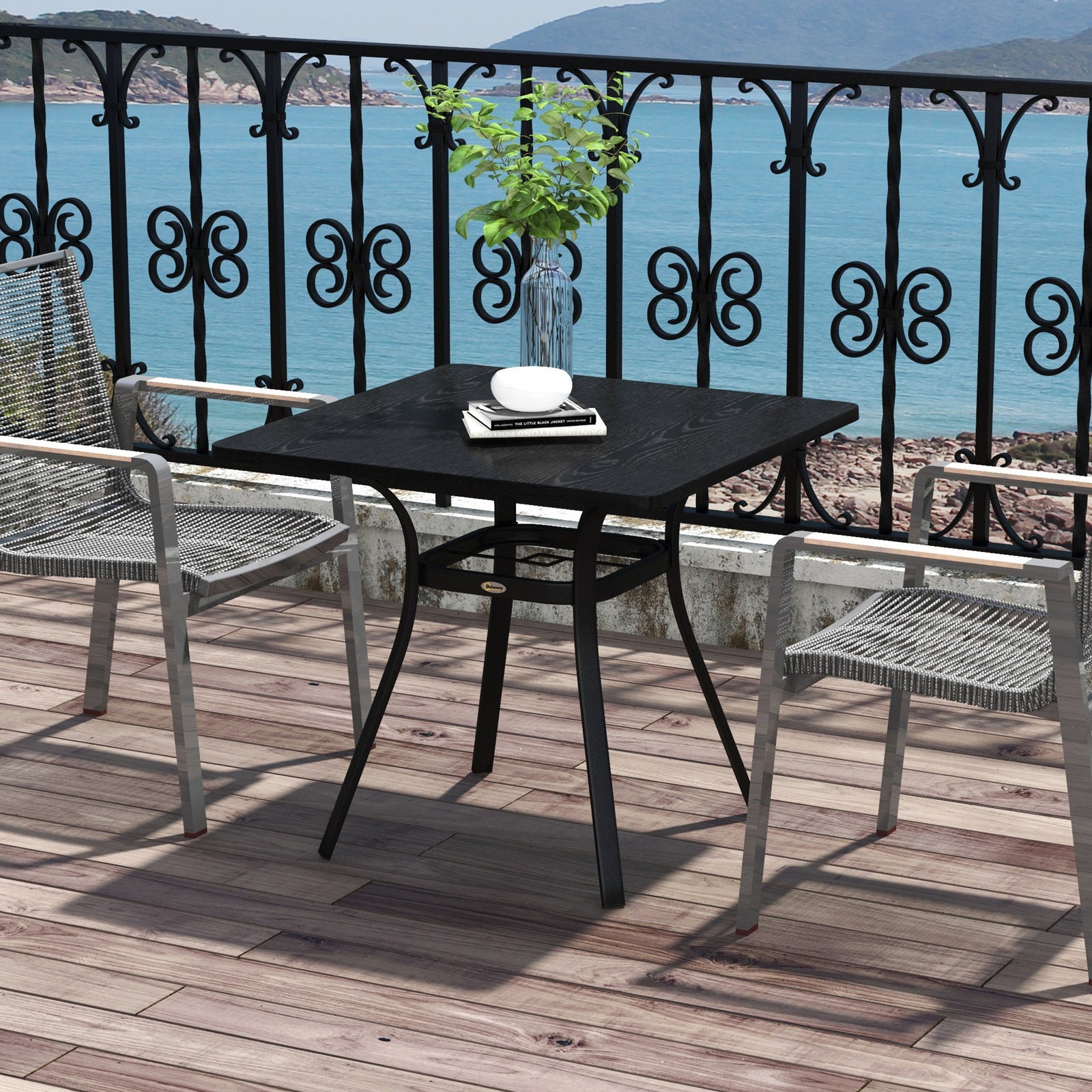 Outdoor Table, Metal Top, Steel Frame, Umbrella Hole, Black