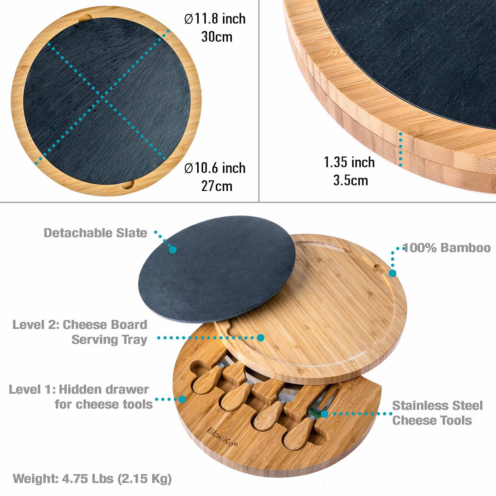 BlauKe Bamboo Cheese Board With Cheese Tool Set And Slate - 30cm Round Charcuterie Board - Wooden Cheese Board Gift Set