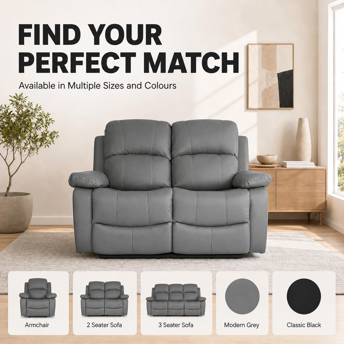 Manual Recliner Sofa 2 Seater Faux Leather | Grey