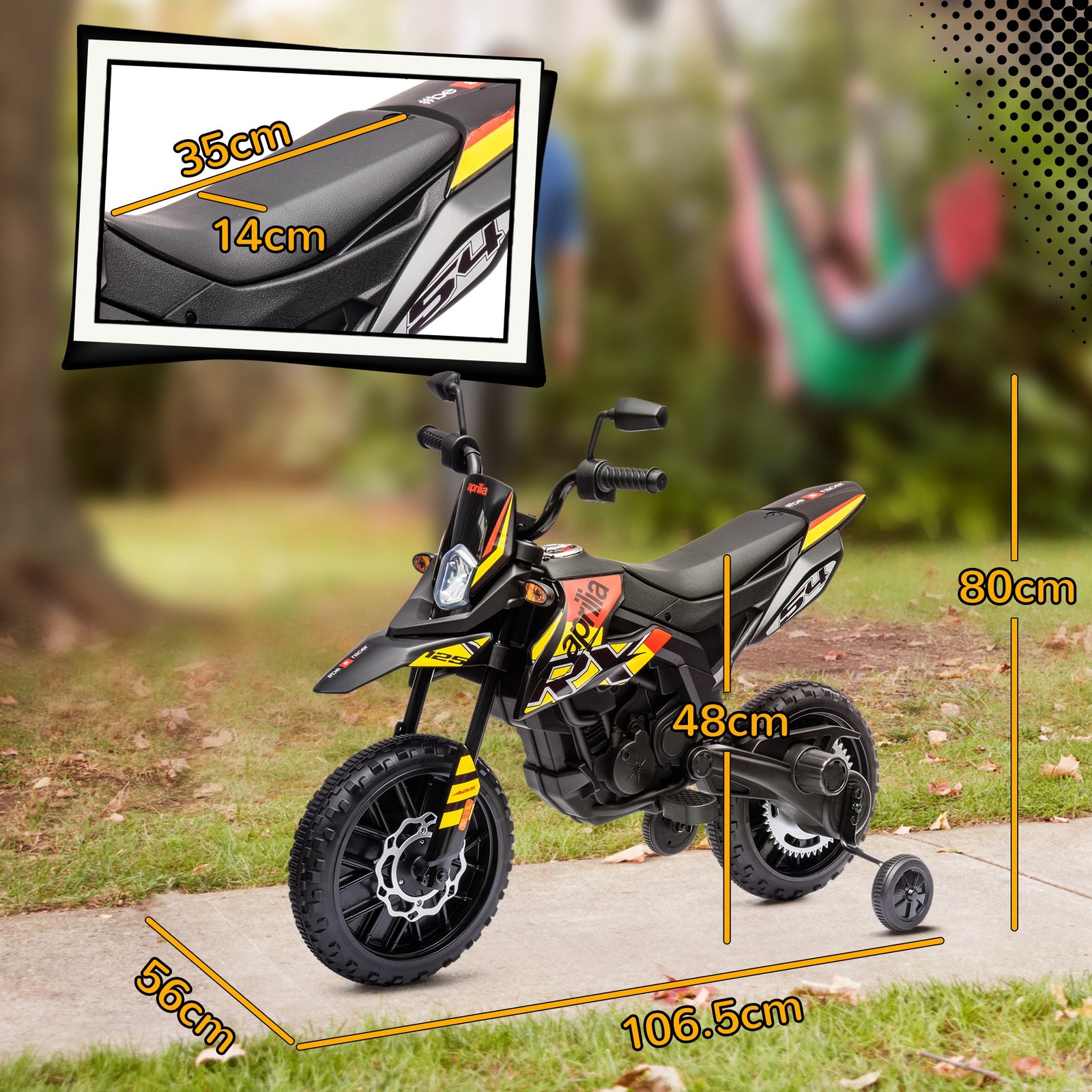 12v Aprilia Licenced Kids Electric Motorbike With Training Wheels, Yellow
