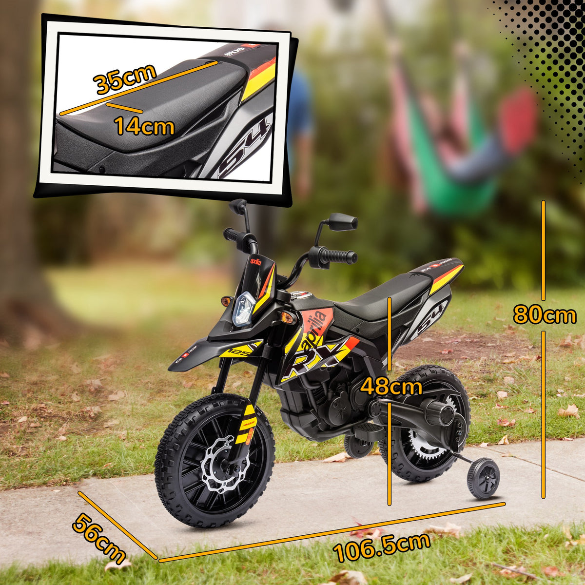 12v Aprilia Licenced Kids Electric Motorbike With Training Wheels | Yellow