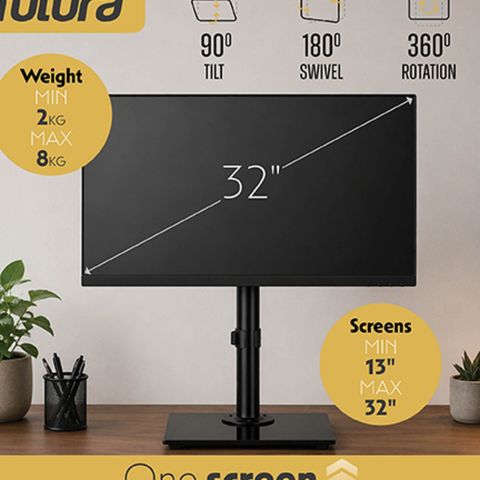 Futura Futura Single Monitor Stand 13 To 32 Inch Height Adjustable Freestanding Base Supports 8kg