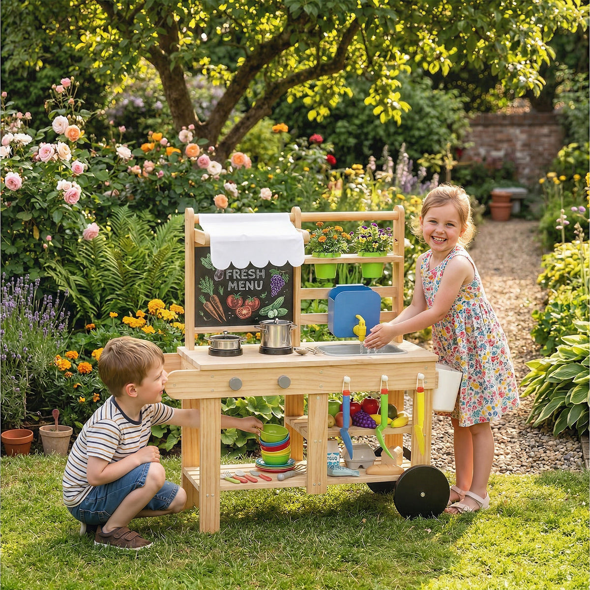 AIYAPLAY Mud Kitchen With Real Water Faucet Natural Wood