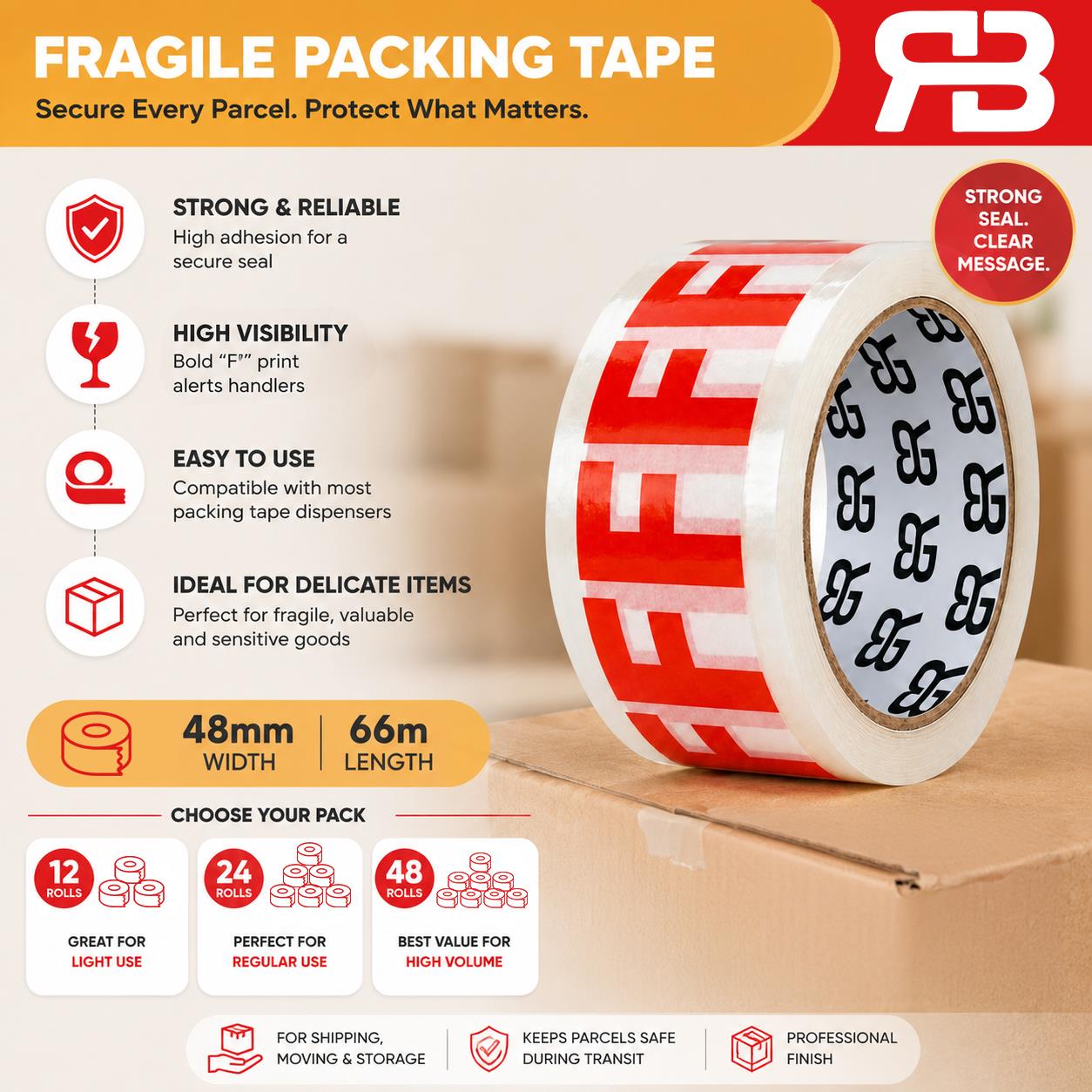 Fragile Tape 48mm X 66m Packing Tape For Parcels & Boxes | 24 Rolls