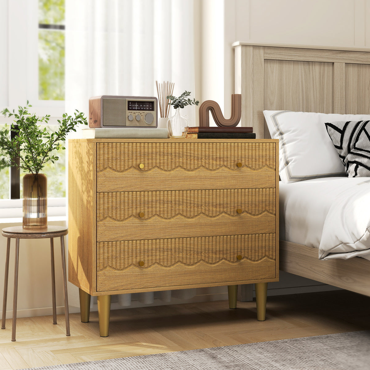 HOMCOM Chest Of Drawers, 3 Drawer Dresser Steel Legs And Wooden Top, Oak