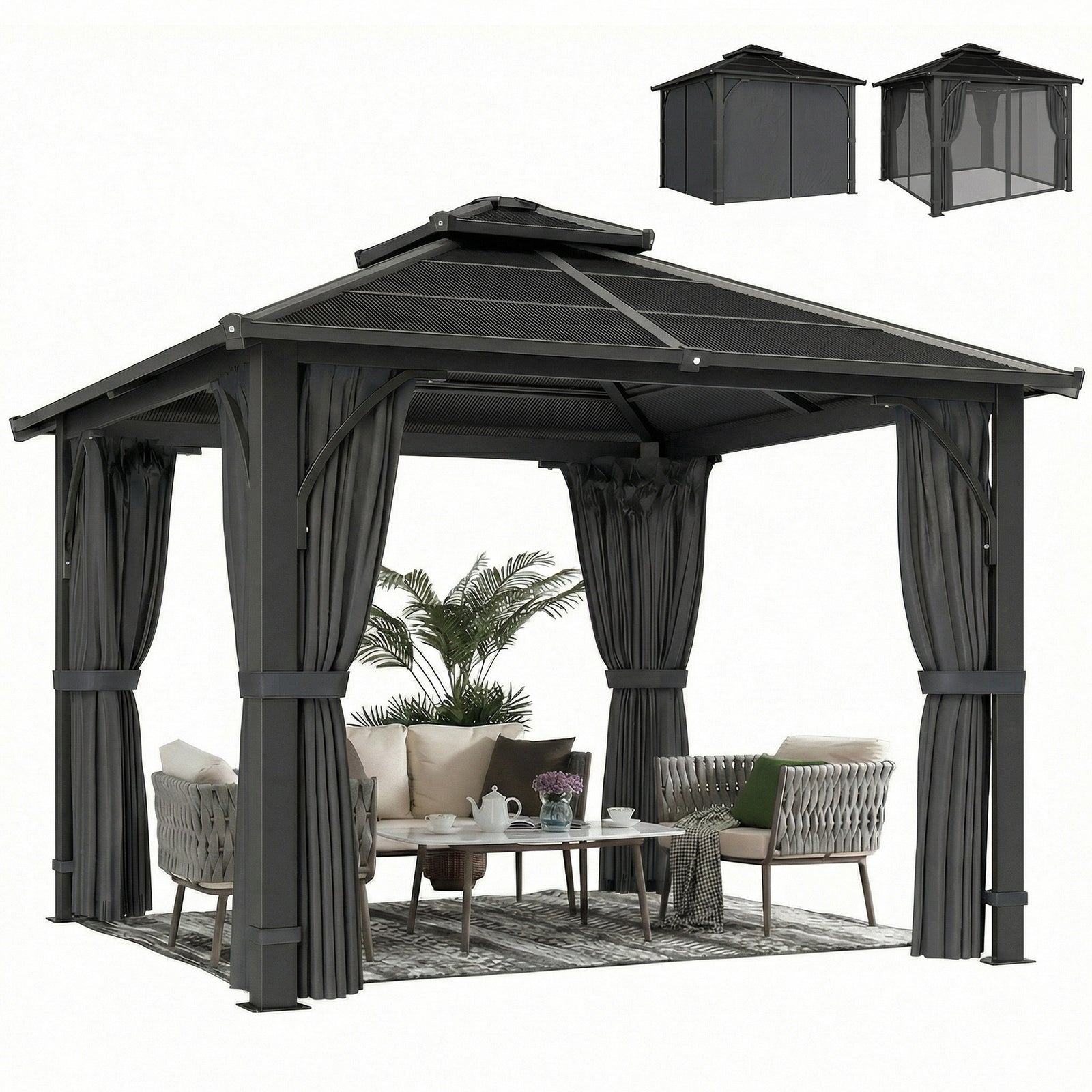 2.5x2.5 M Hardtop Gazebo With Polycarbonate Roof & Sides | Dark Grey