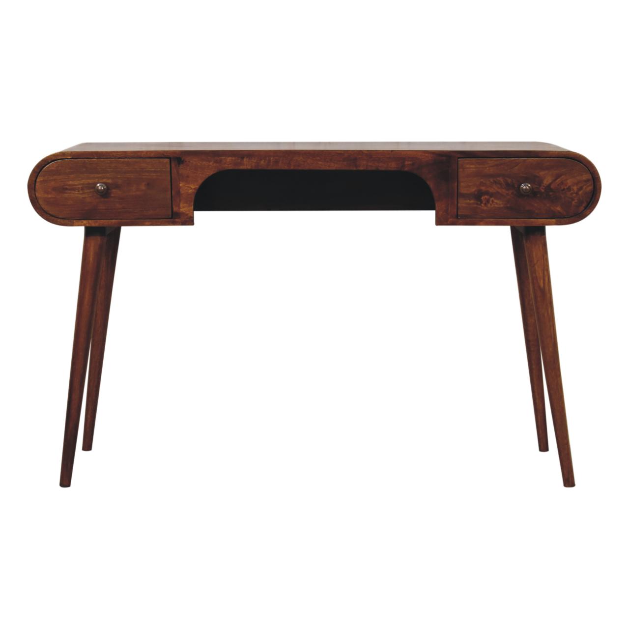Solid Wood Chestnut London Arch Writing Desk, 2 Drawers, Dark Brown