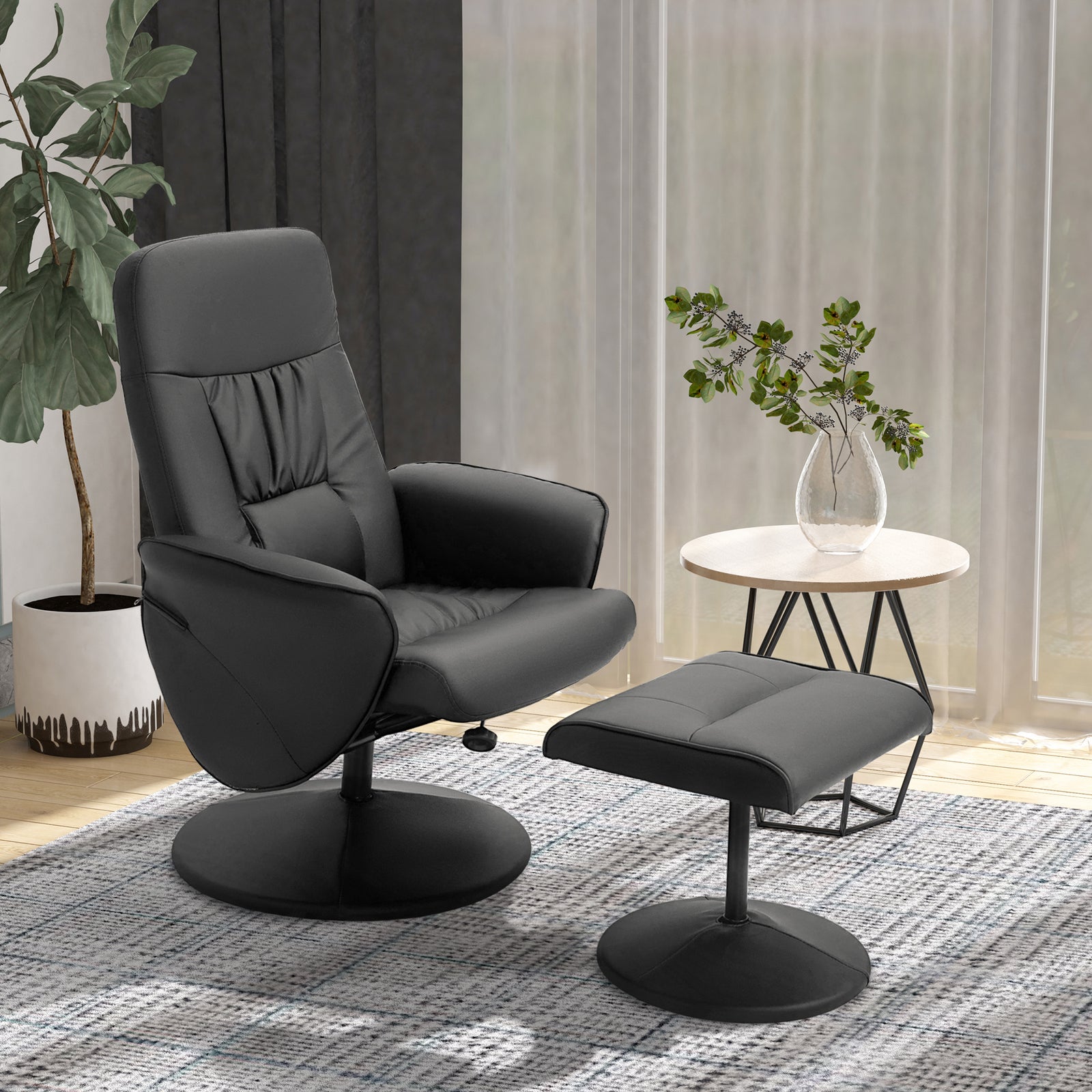 Pu Leather Armchair And Footrest Swivel Recliner W/ Ottoman | One Size | Black