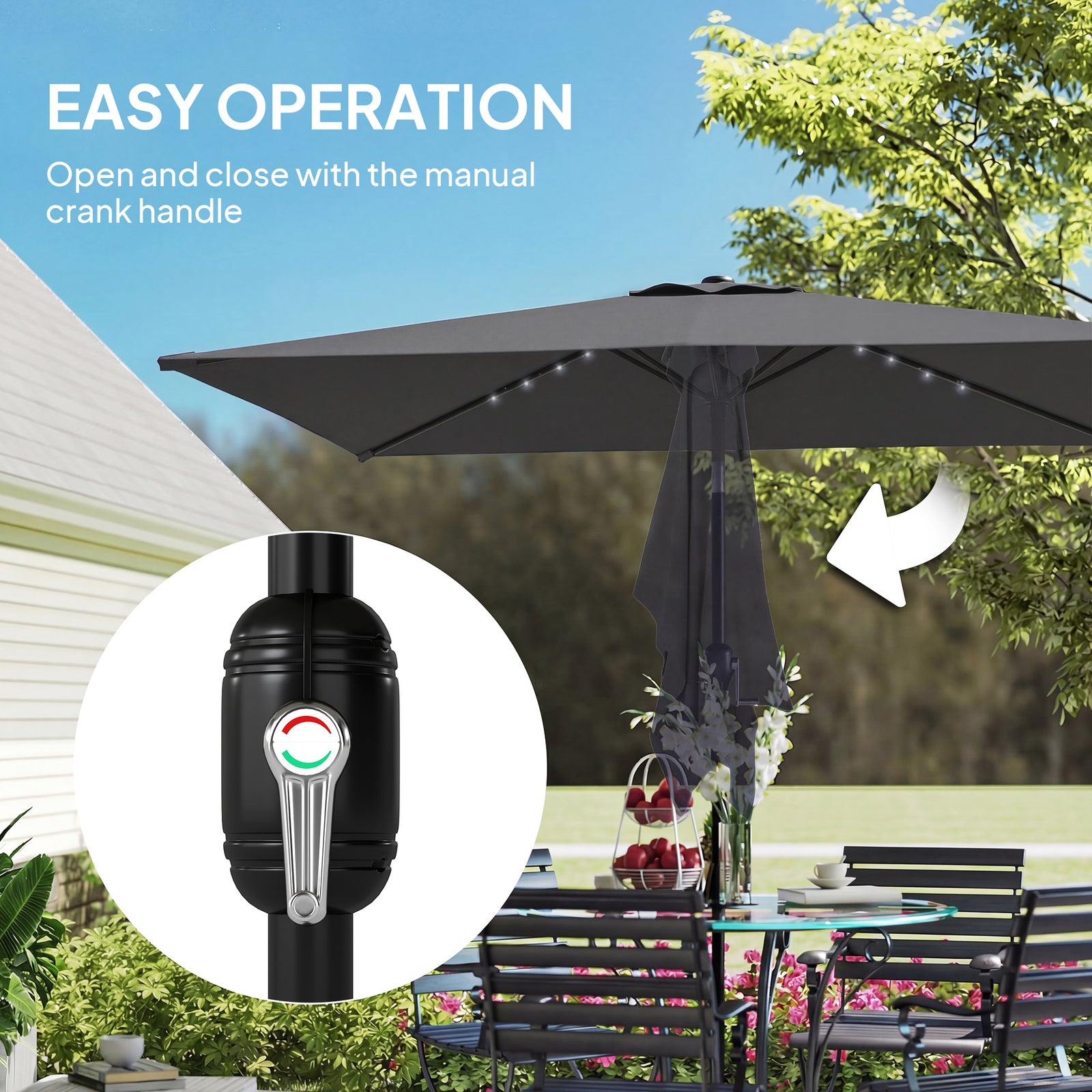 3 X 2 M Garden Parasol Umbrella With Light, Outdoor Patio Umbrella | Black