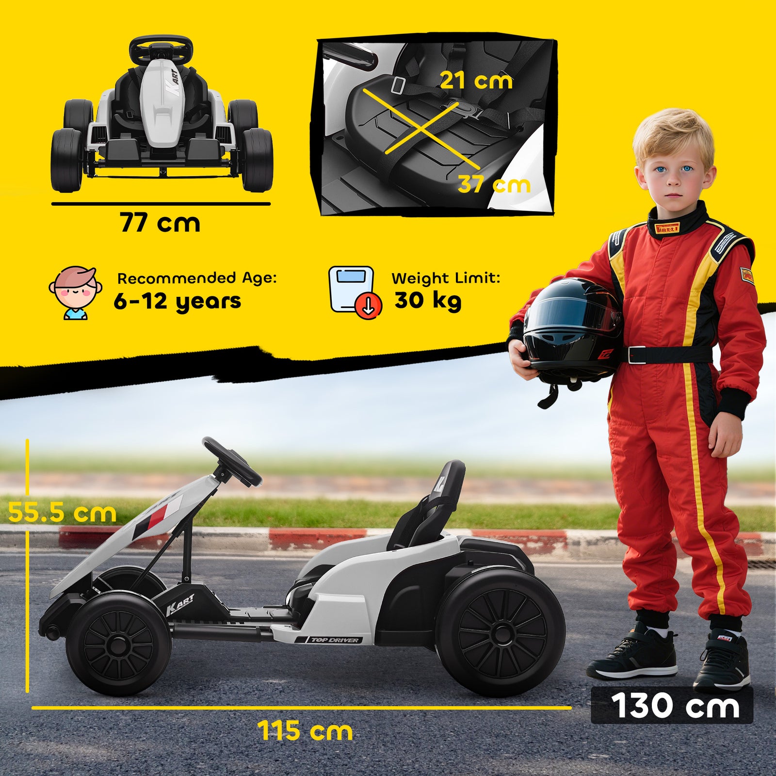 24v Electric Go Kart With Drift Mode, Adjustable Seat | White