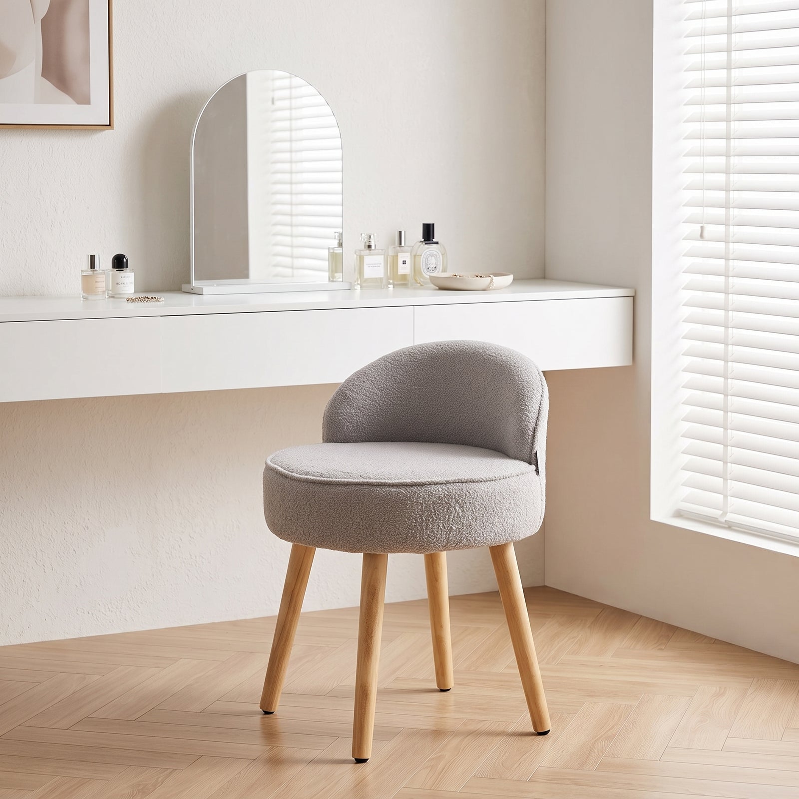 Teddy Fleece Dressing Table Stool With Rubberwood Legs | Grey