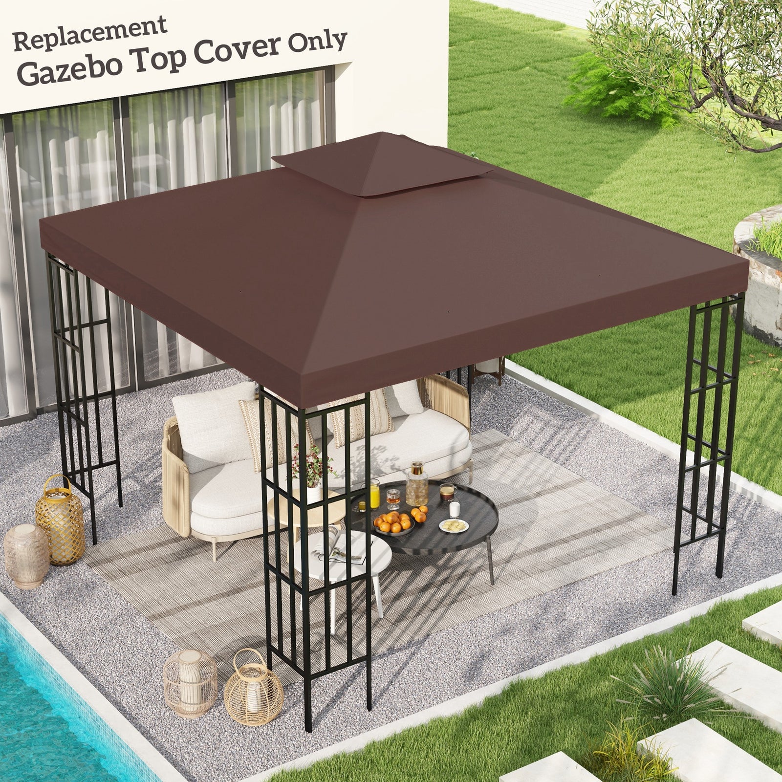 3x3m Gazebo Top Cover Double Tier Canopy Replacement | Coffee