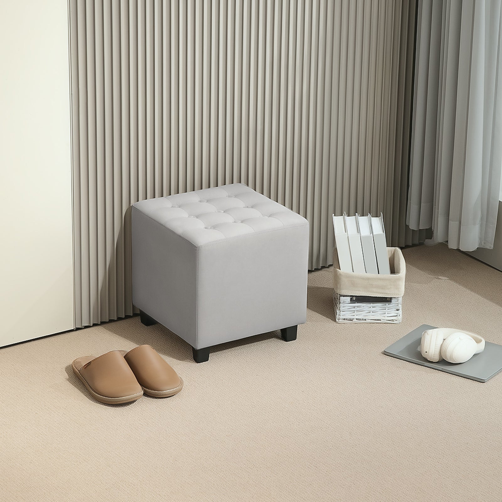 HOMCOM Square Footstool Small Ottoman W/ Wood Legs For Bedroom Light Grey