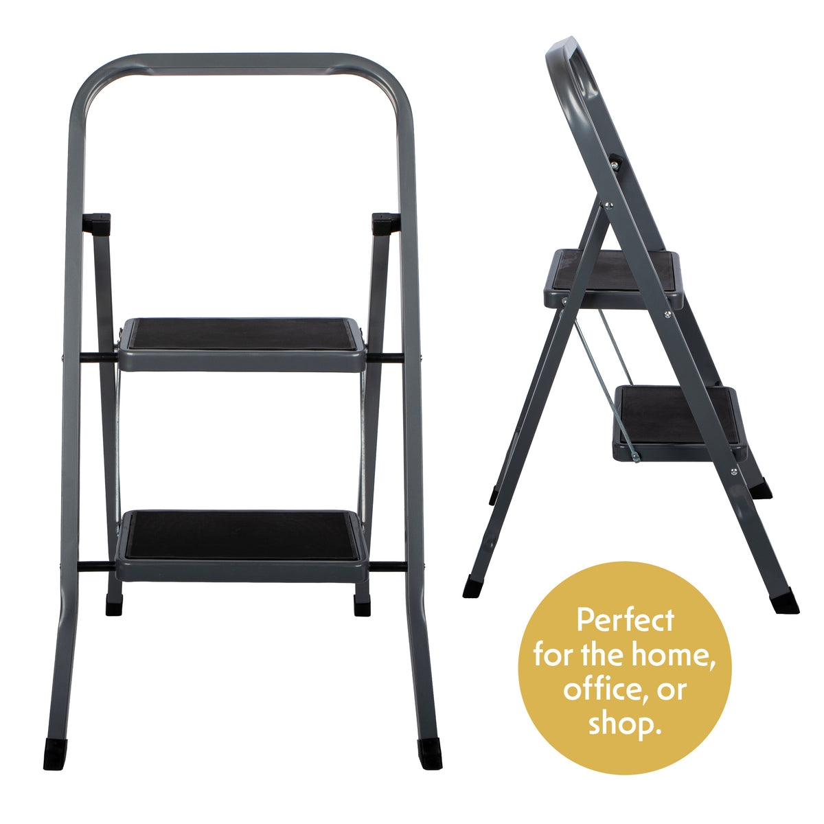 2 Step Ladder, Heavy-duty Steel Folding Home Diy Step Stool With Wide Non-slip Steps & Anti Slip Feet 150kg Capacity | 2 Step | Grey