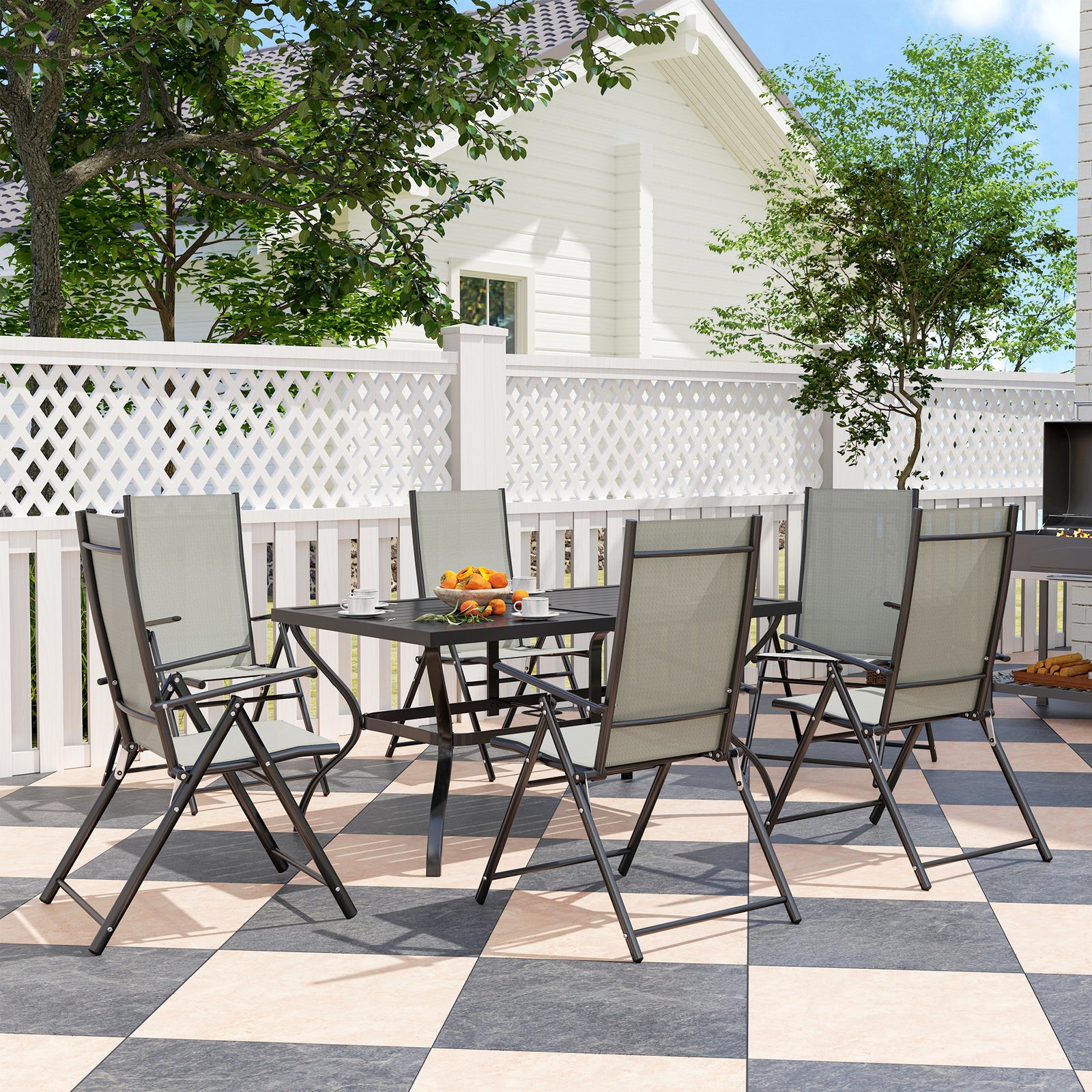 7 Pcs Garden Dining Set, Folding Chairs And Metal Top Table | Khaki