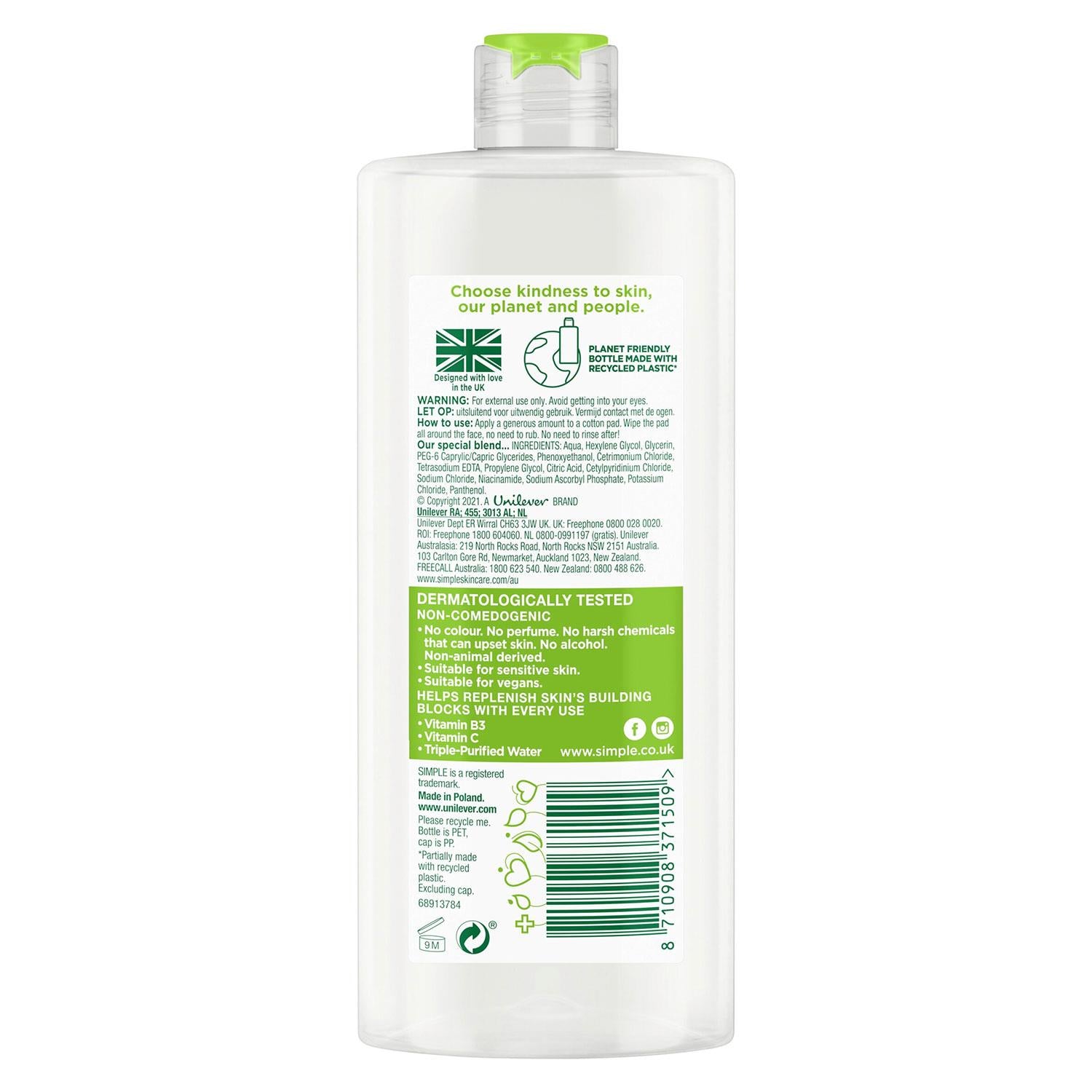 Kind To Skin Make-up Remover Micellar Cleansing Water, 3 Pack, 400ml | Set-of-3 | White