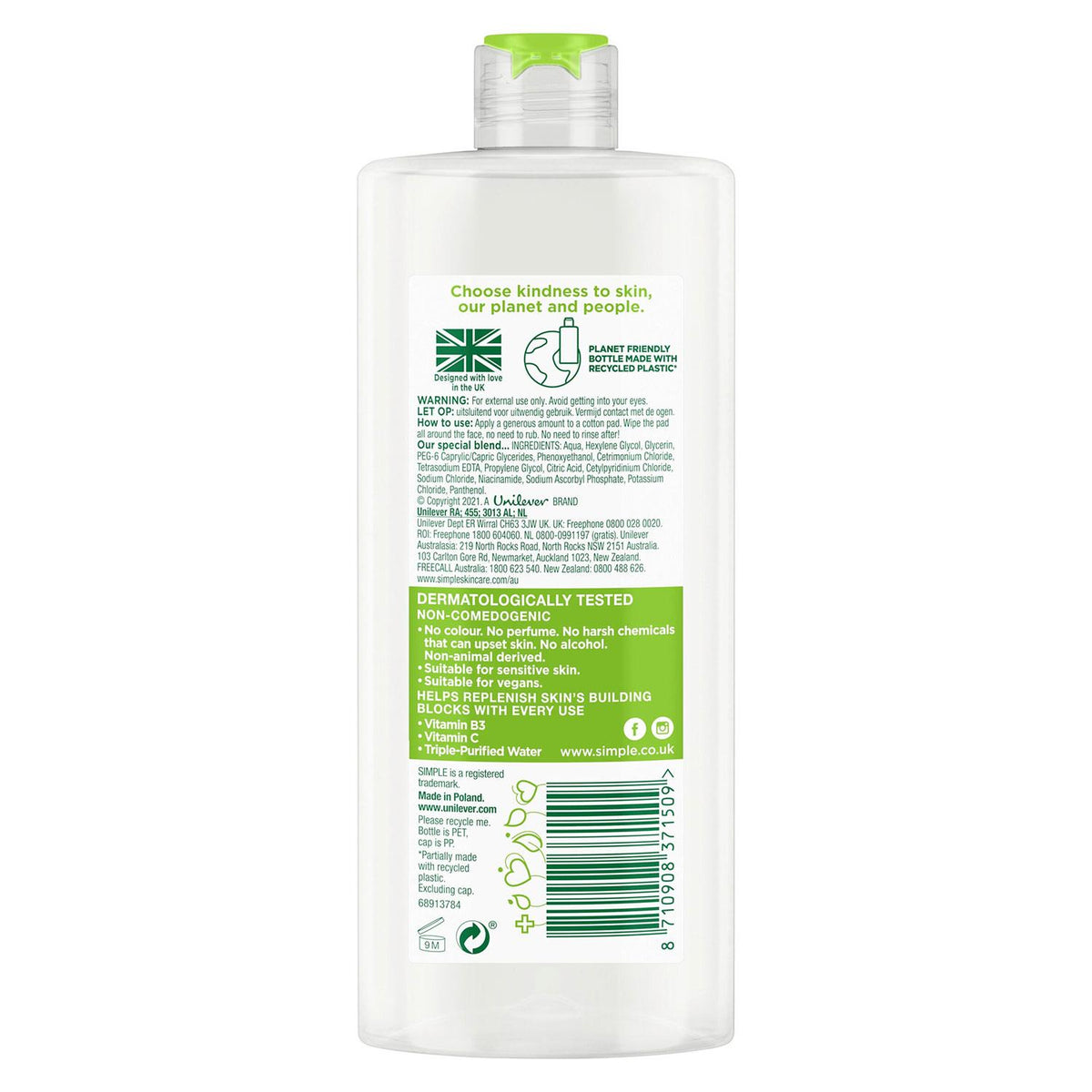 Kind To Skin Make-up Remover Micellar Cleansing Water, 3 Pack, 400ml | Set of 3 | White