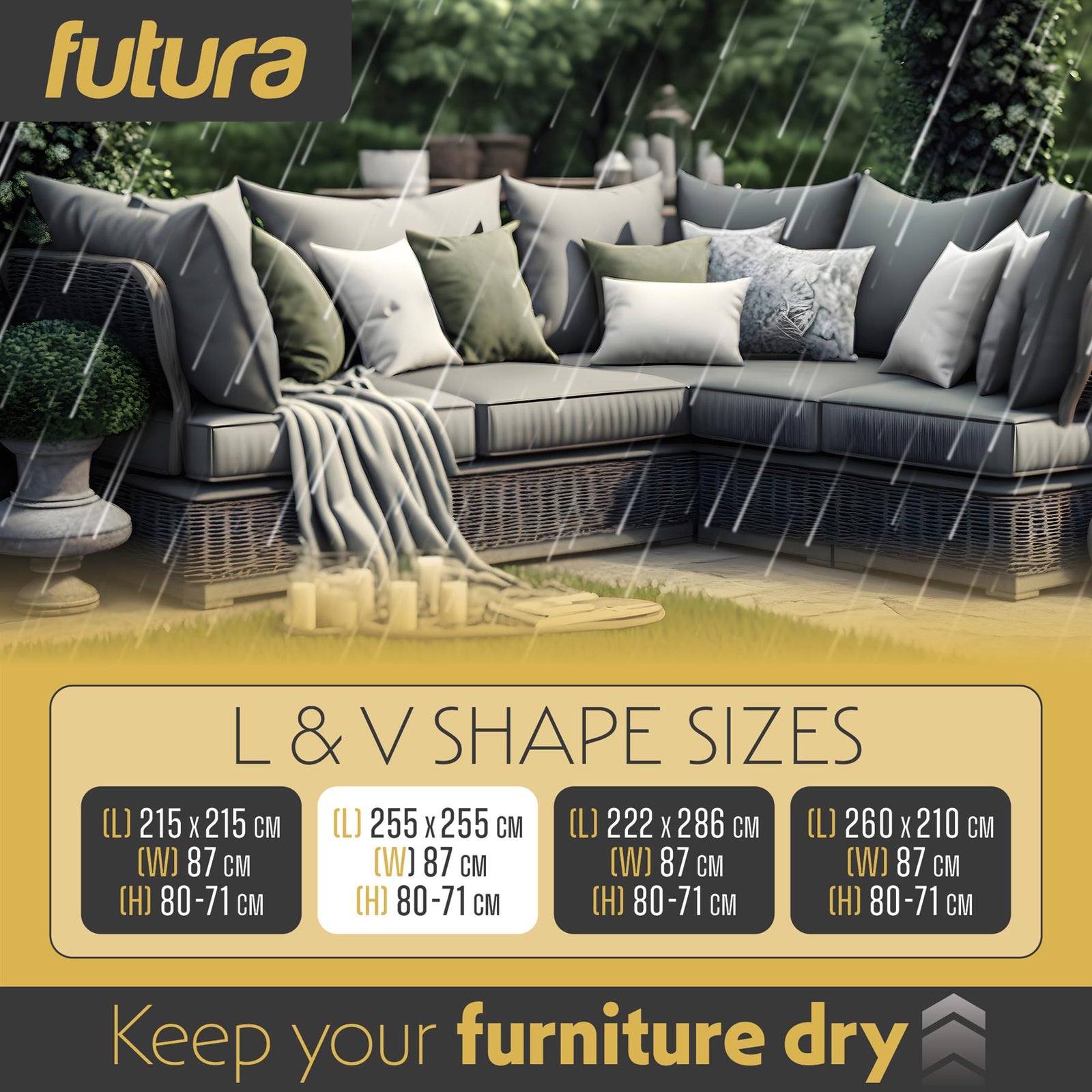 Premium L Shaped Waterproof Garden Furniture Cover, Outdoor Patio Weatherproof Rattan Sofa Guard | 255 x 255 x 80cm | Black