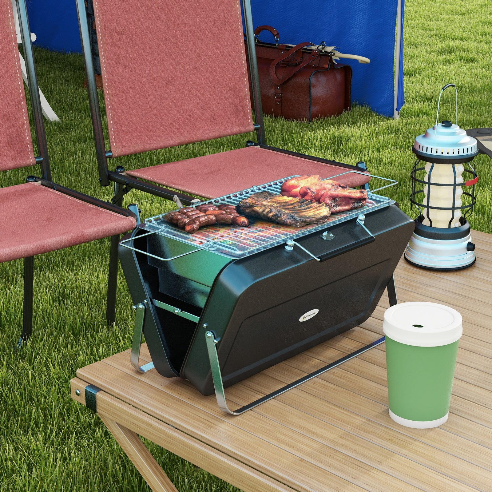 Charcoal Bbq, Portable Trolley, W/ Lid, Chimney