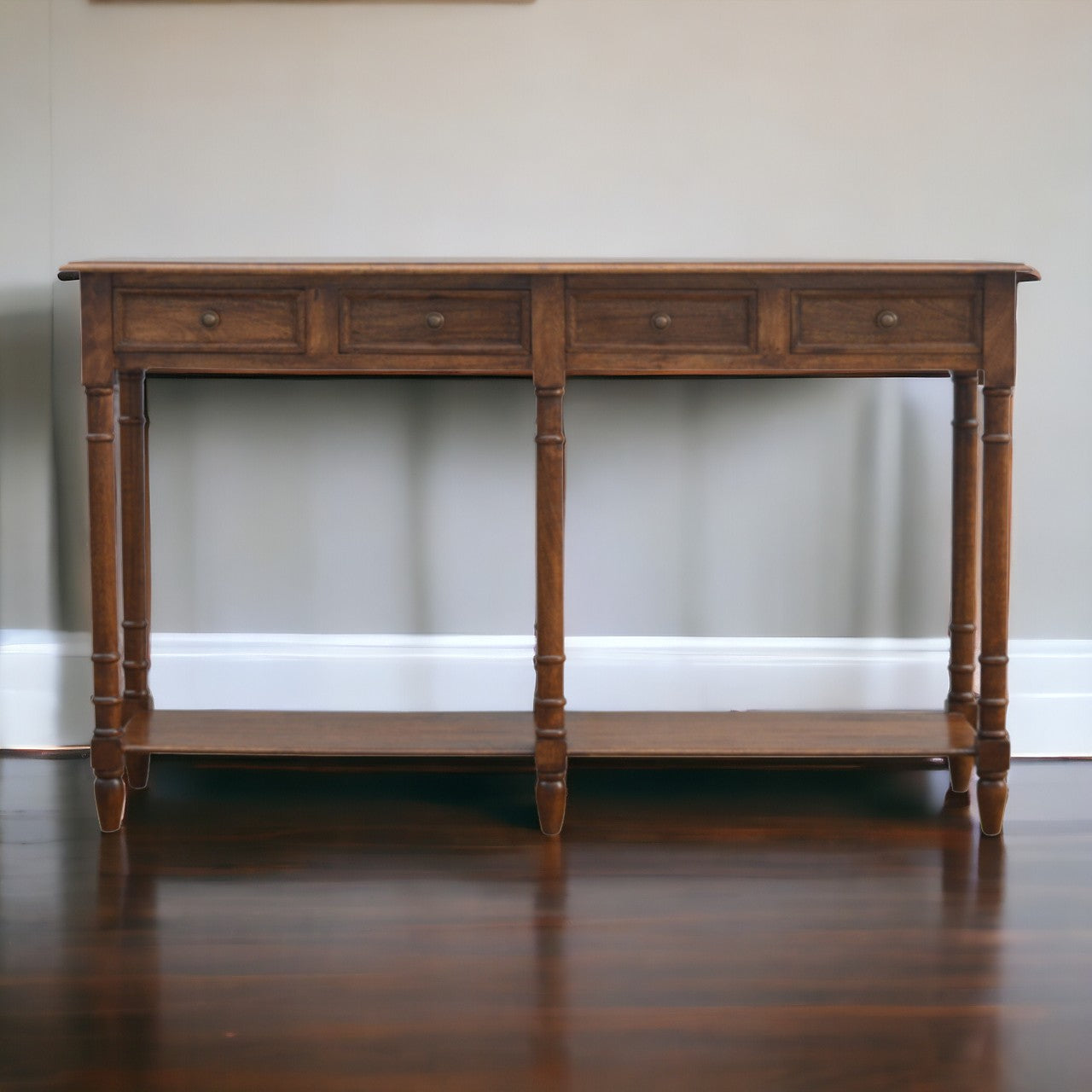 4 Drawer Hallway Console Table, Walnut Finish, Brown